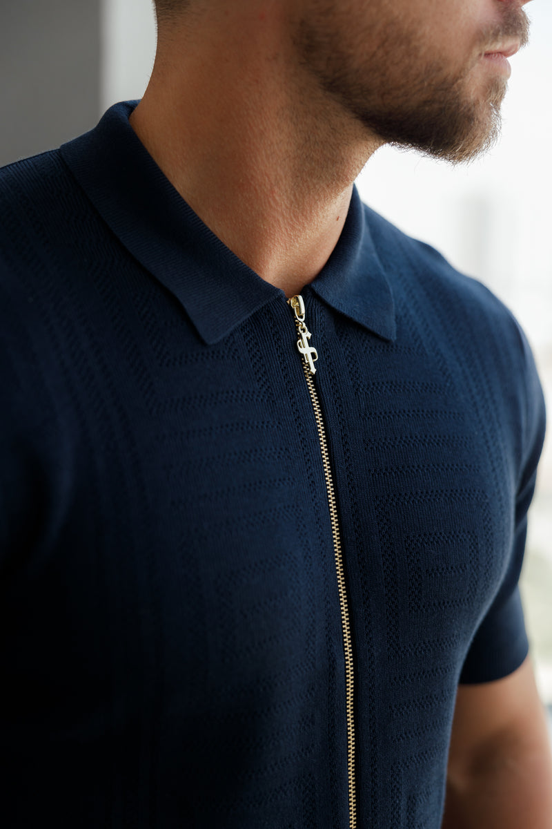 Father Sons Classic Knitted Geo Design With Full Length Zip Navy Short Sleeve - FSN149