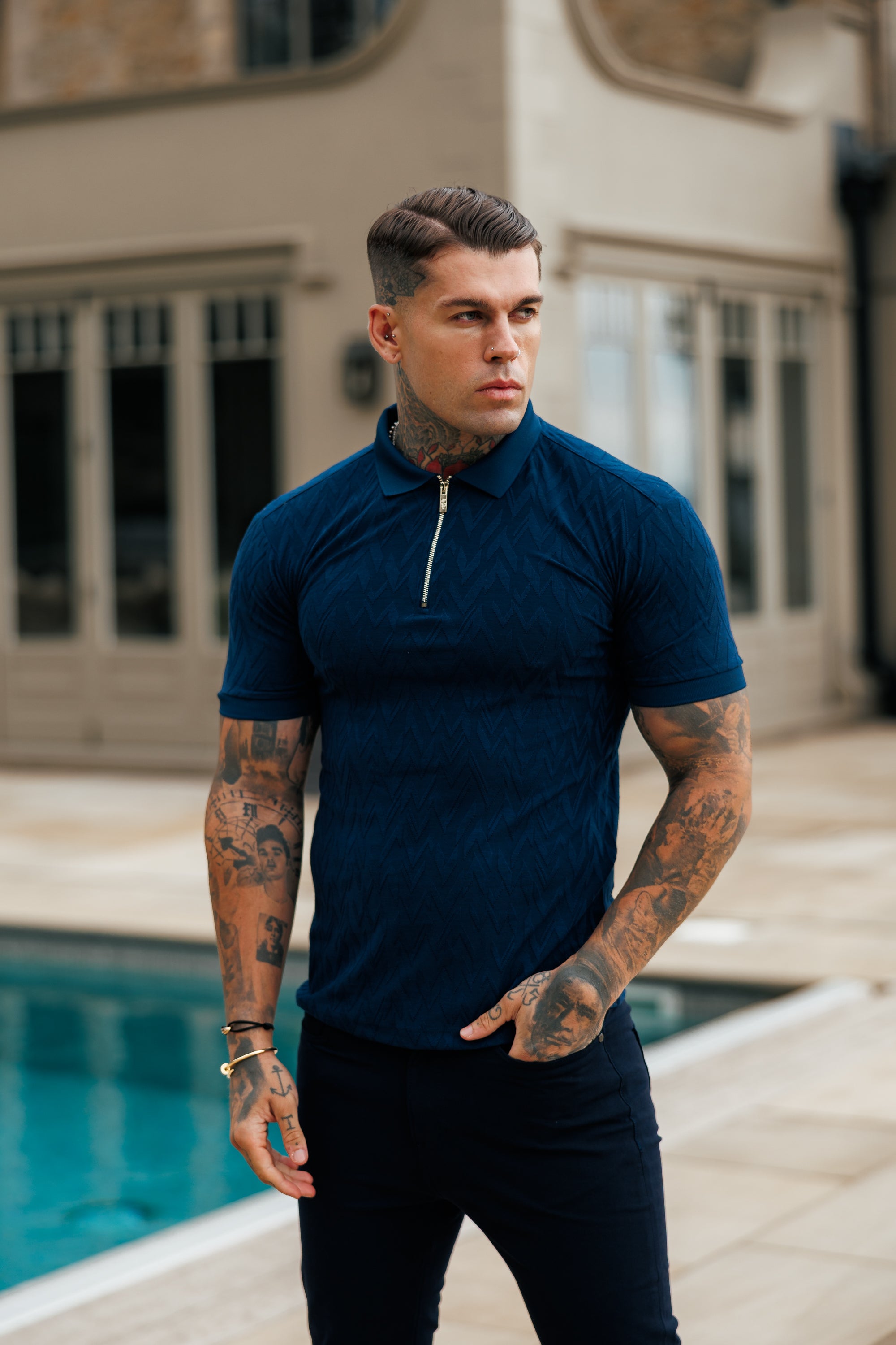 Classic Jacquard Navy Chevron Zipped Polo - FSR021