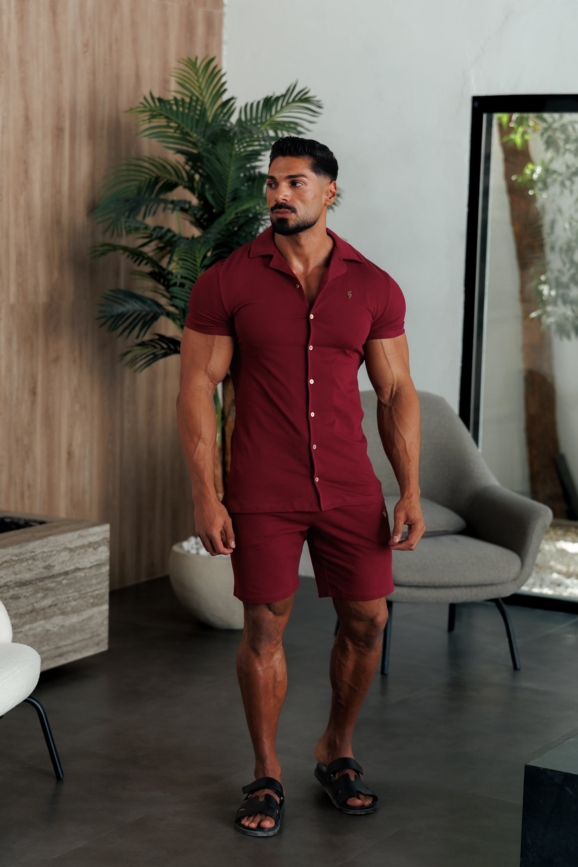 Stretch Wine / Gold Pique Revere Shirt Short Sleeve - FSH1388