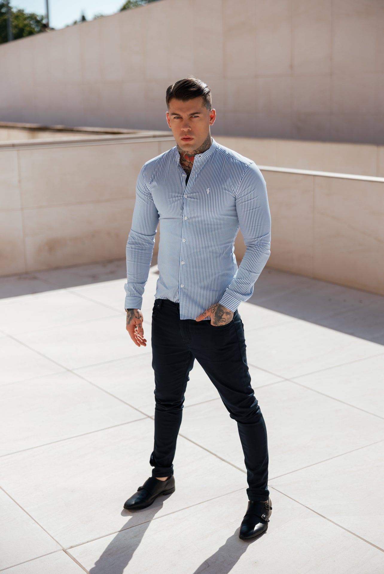 Super Slim Stretch LS Navy & White Stripe with Grandad Collar -  FS1113