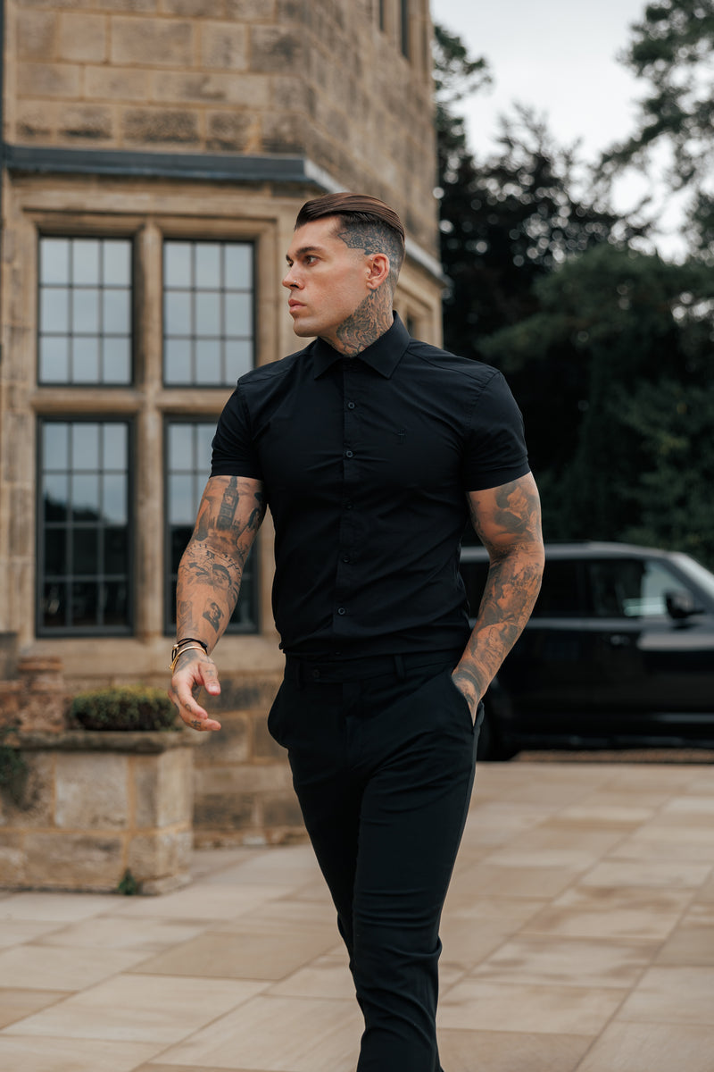 Father Sons Muscle Fit Advanced Stretch Black Short Sleeve with Cutaway Collar  - FS1159