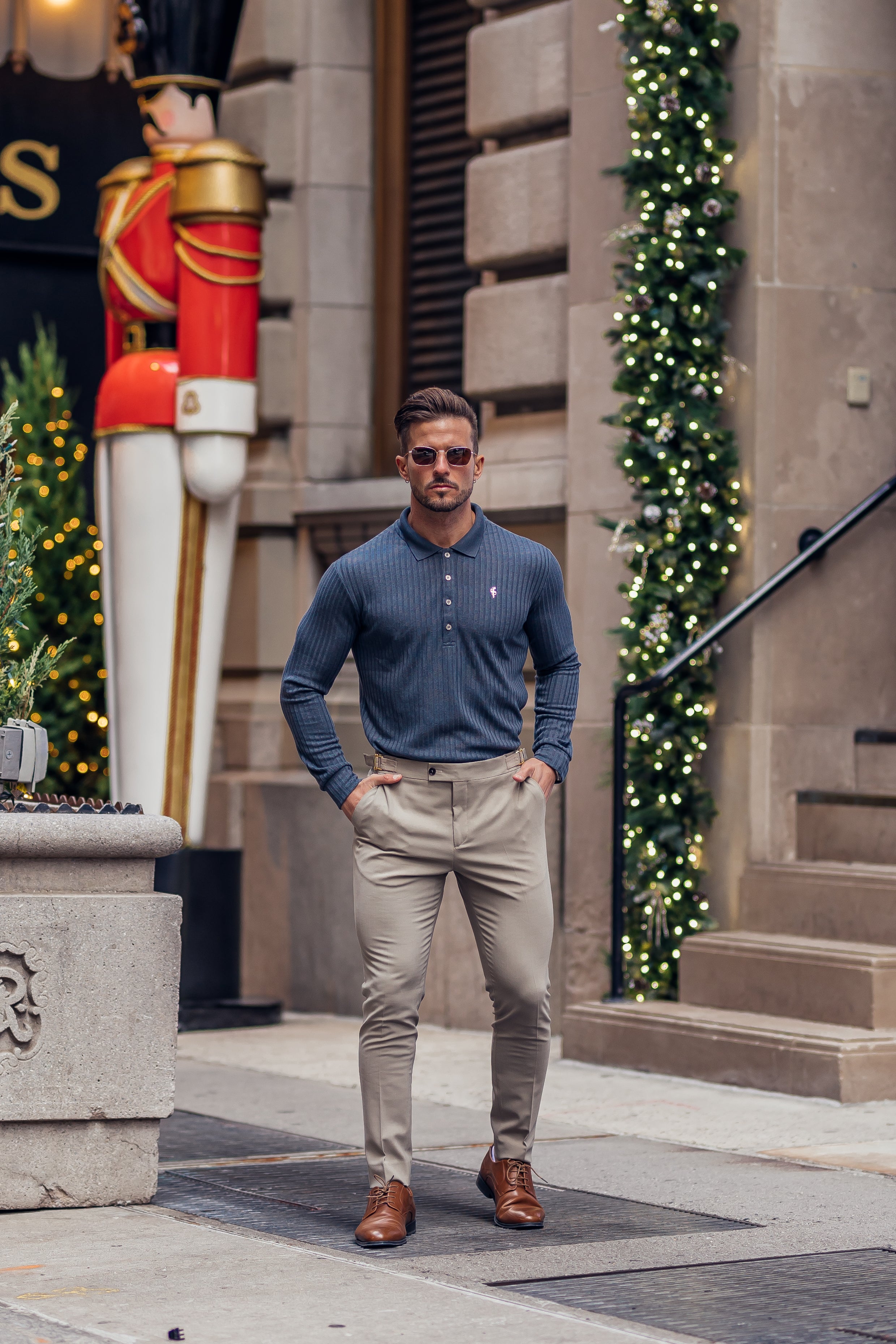 Classic Charcoal Ribbed Polo Shirt Long Sleeve With Silver Decal - FSH971