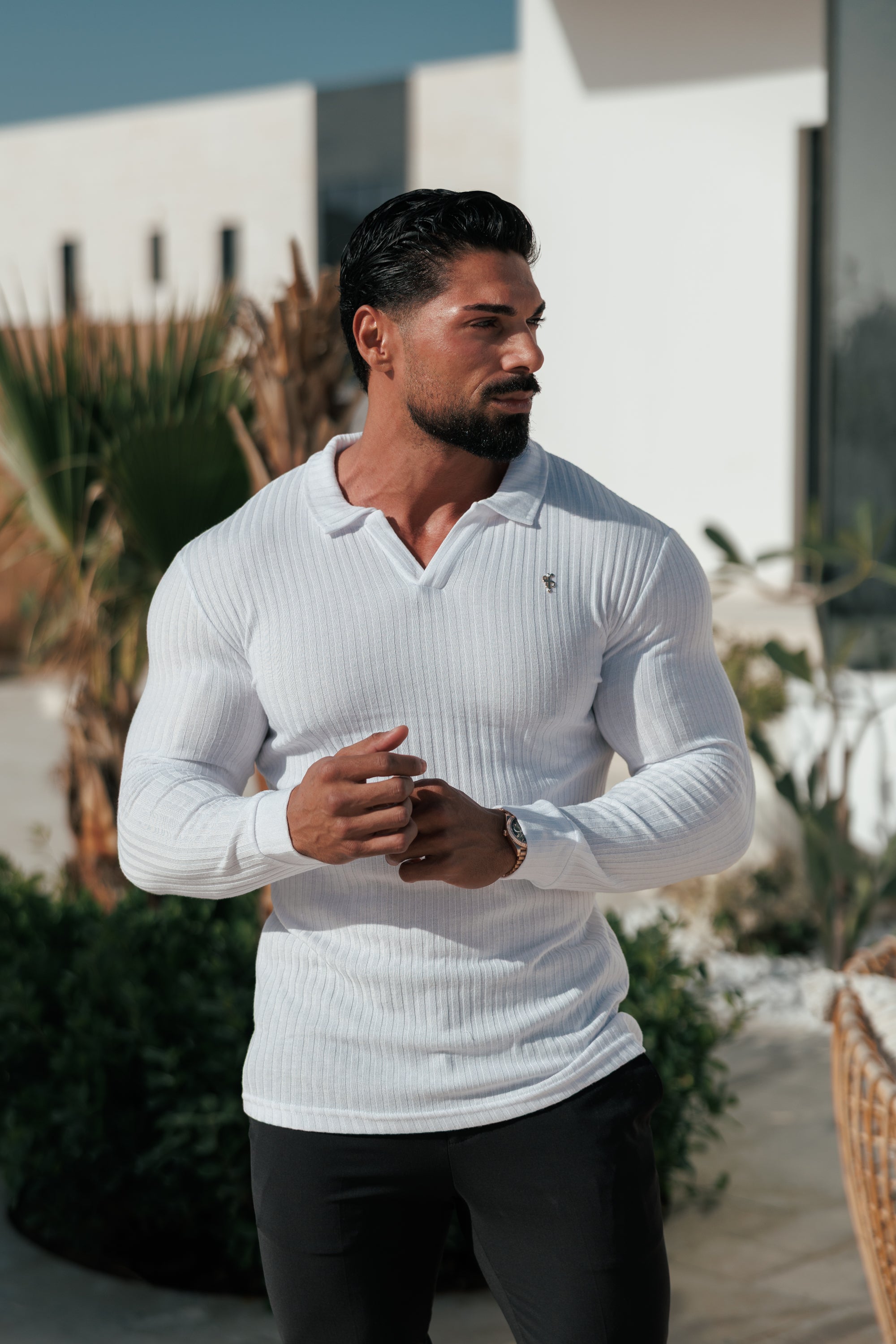 White / Gold Ribbed Revere Polo Shirt Long Sleeve - FSH1431