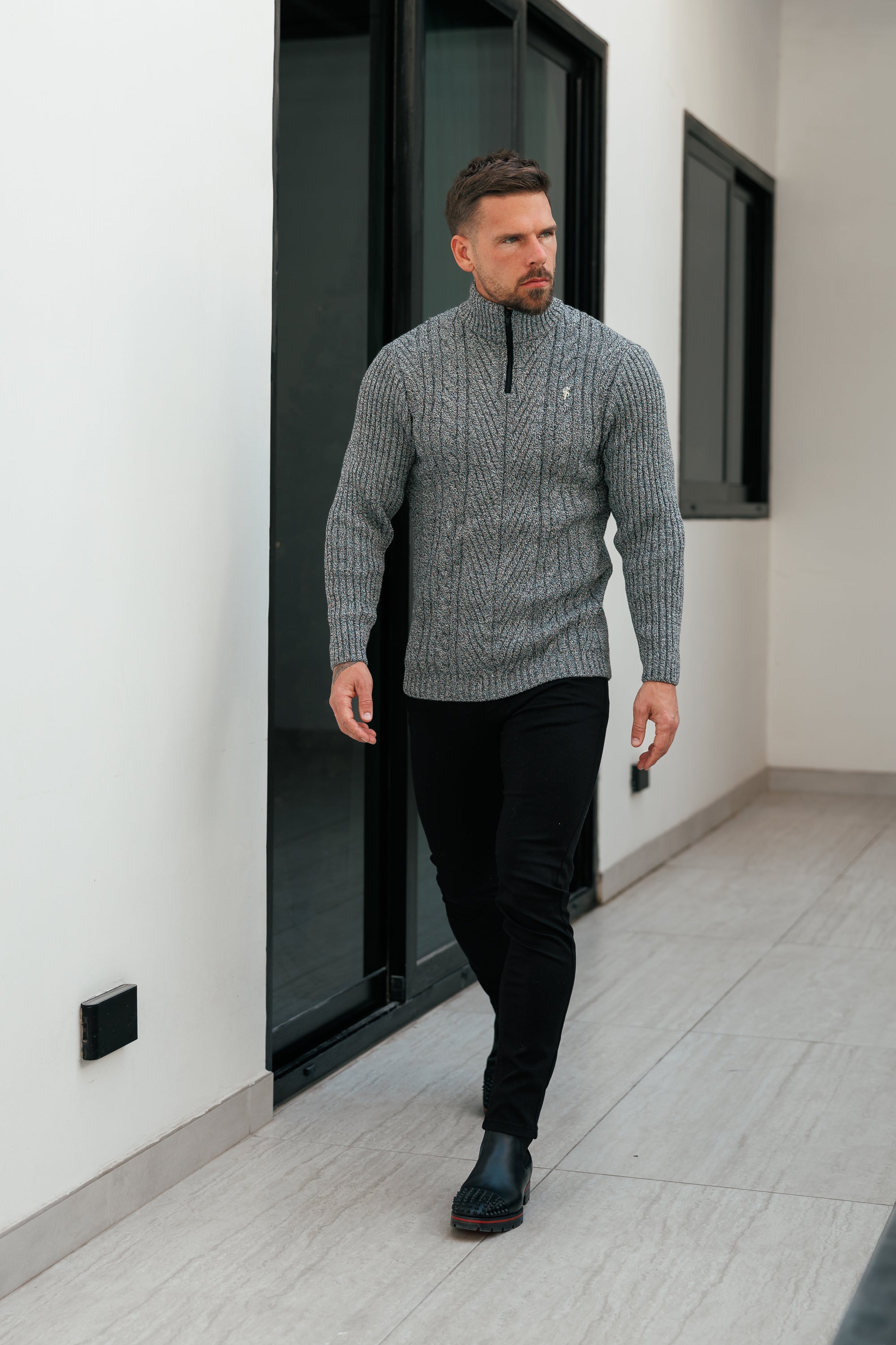 Funnel Neck Jumper with Quarter Zip Black / White Two Tone - FSJ154