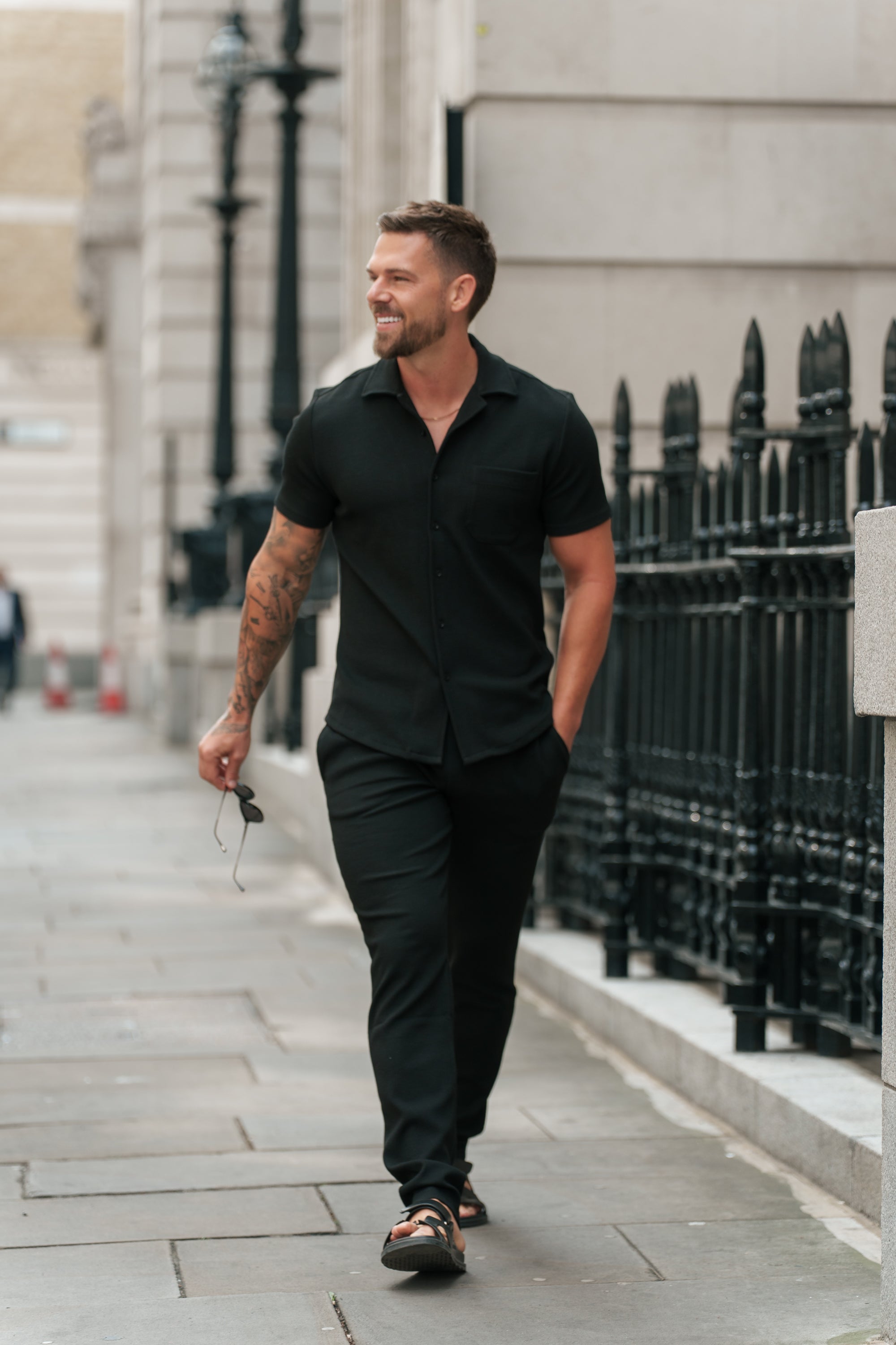 Jersey Cord Stretch Black Revere Shirt Short Sleeve - FSR018