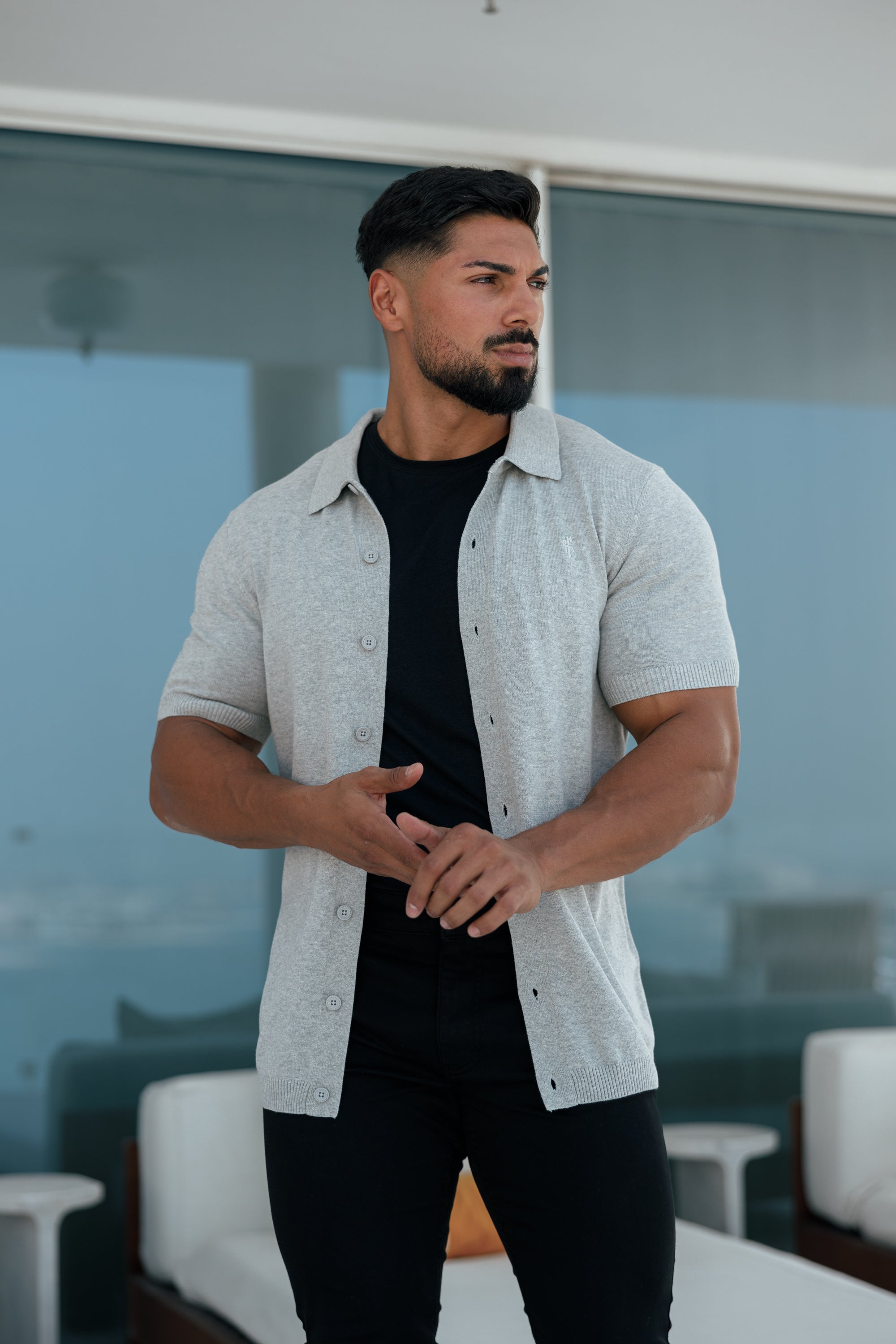 Classic Plain Light Grey Knitted Button Through Polo Short Sleeve - FSN102