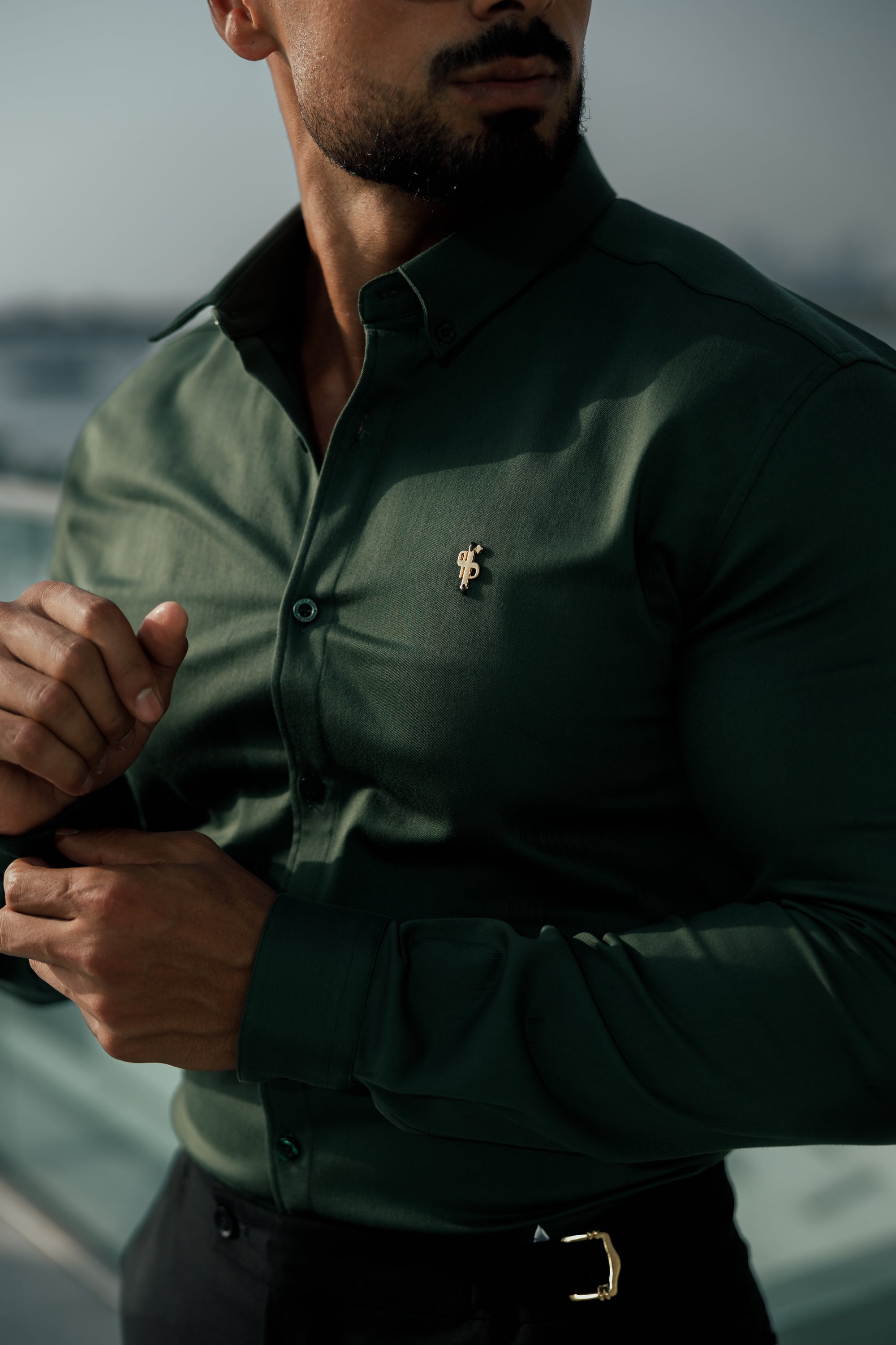 Super Slim Stretch Khaki Denim Long Sleeve with Gold Metal Decal and Button Down Collar - FS1044