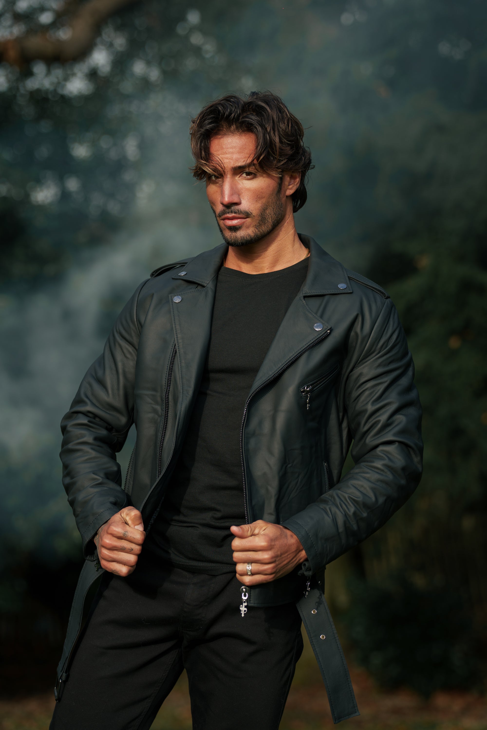 Black Leather Jacket with Belt Detail - FSH313