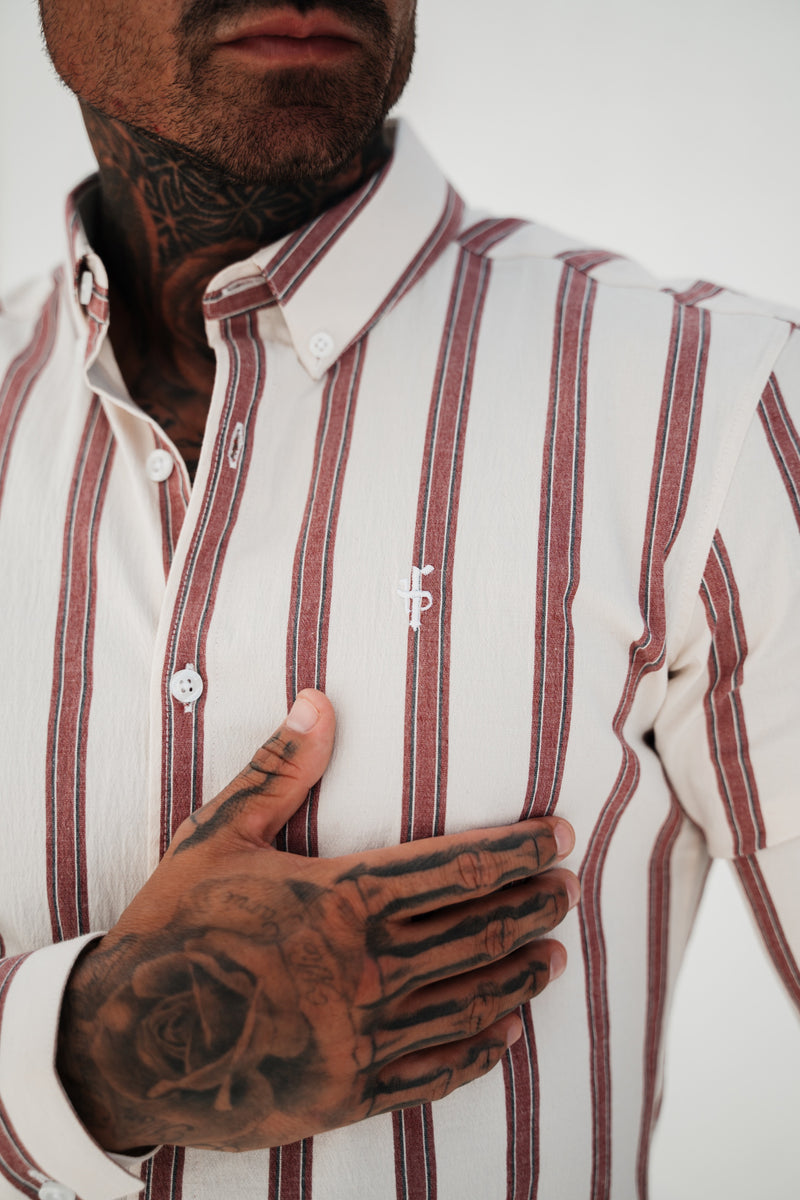 Father Sons Super Slim Stretch Off White / Burgundy Woven Stripe Long Sleeve Sleeve with Button Down Collar - FS973