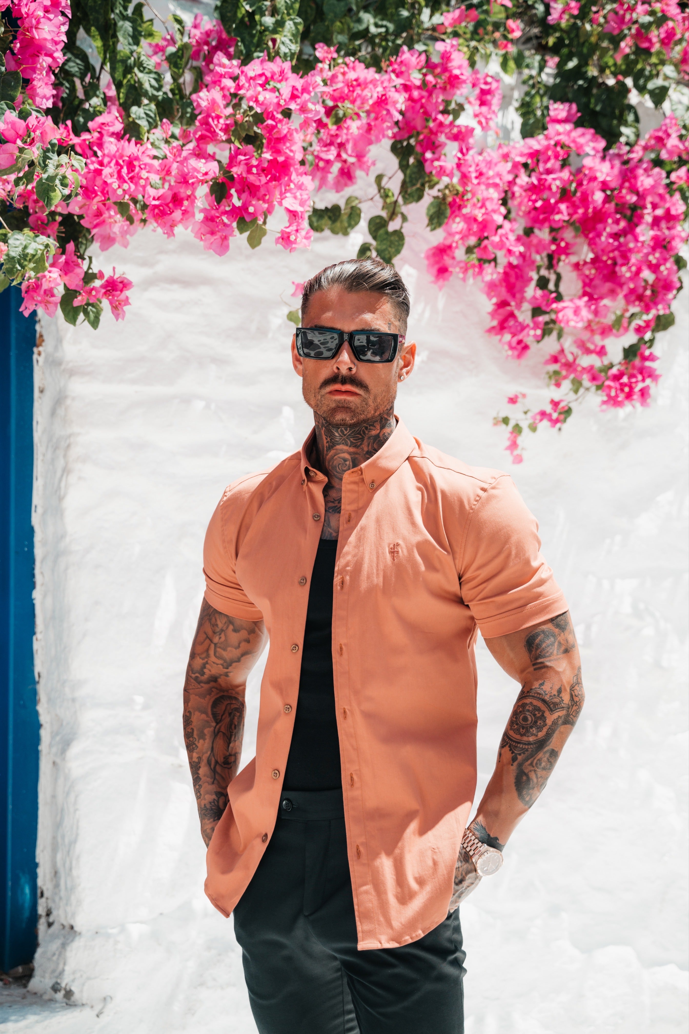 Super Slim Stretch Plain Terracotta Short Sleeve With Button Down Collar - FS984