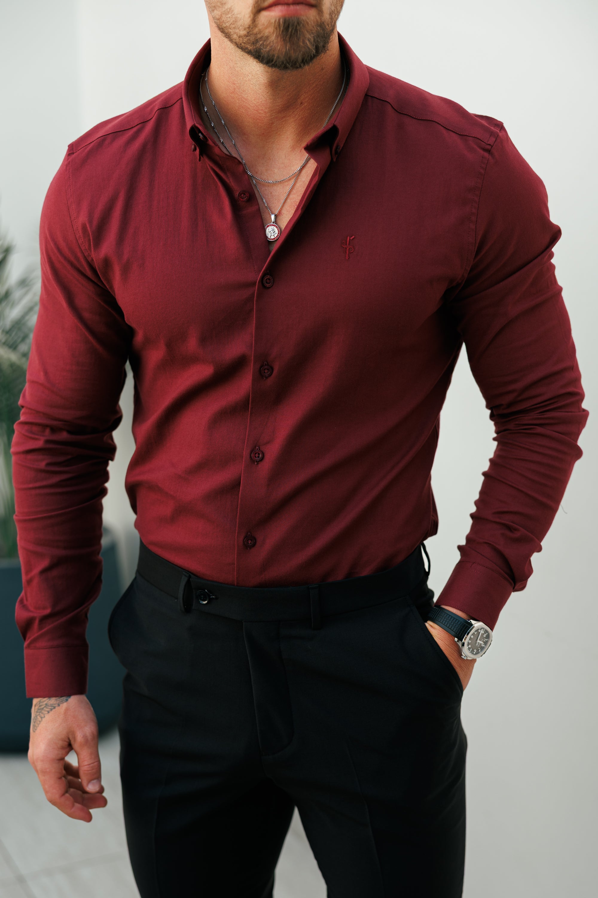 Classic Stretch Oxford Long Sleeve Oxblood / Burgundy with Button Down Collar - FS1219