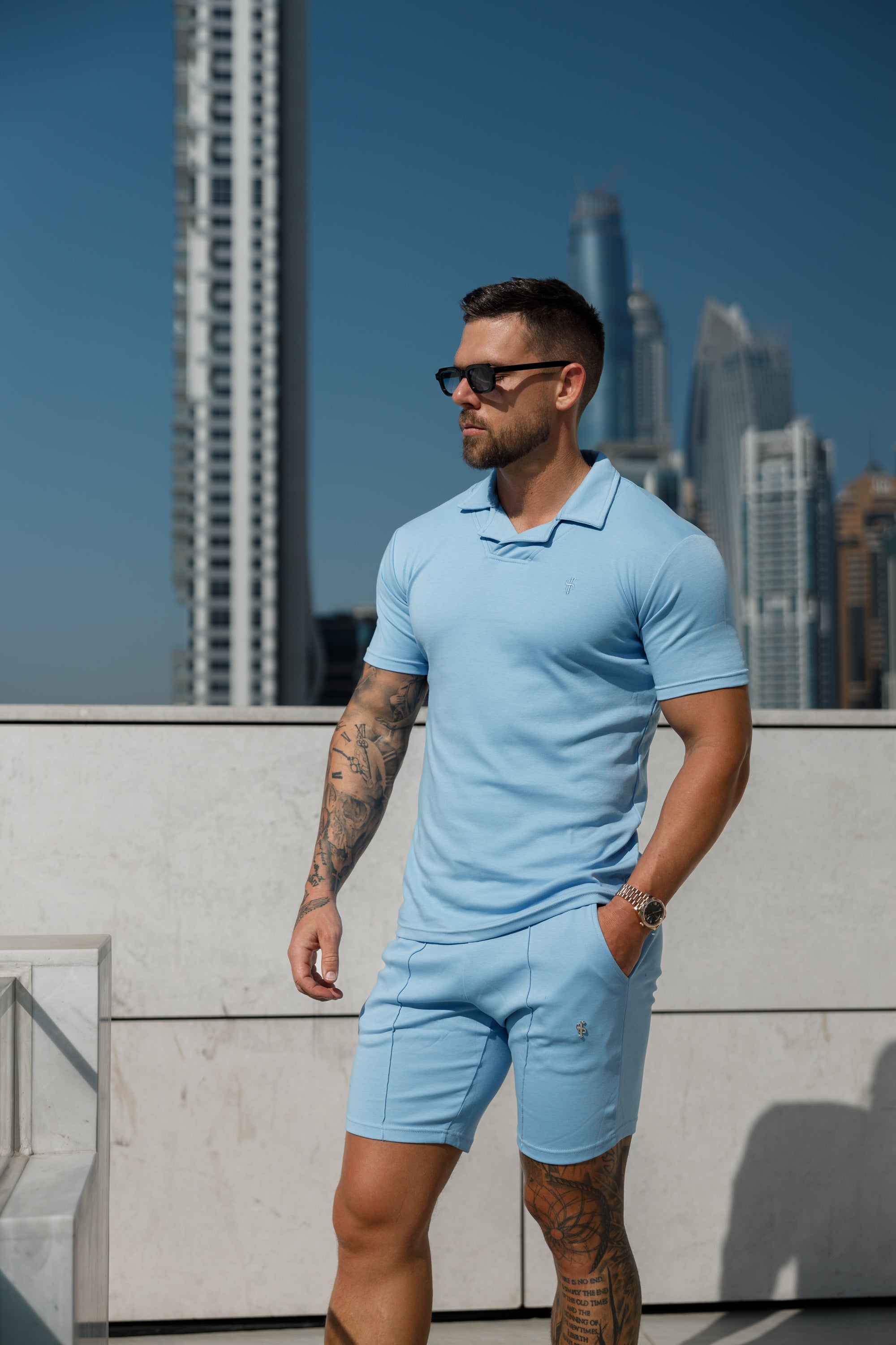 Classic Baby Blue Polo Shirt With Revere Collar - FSH1064