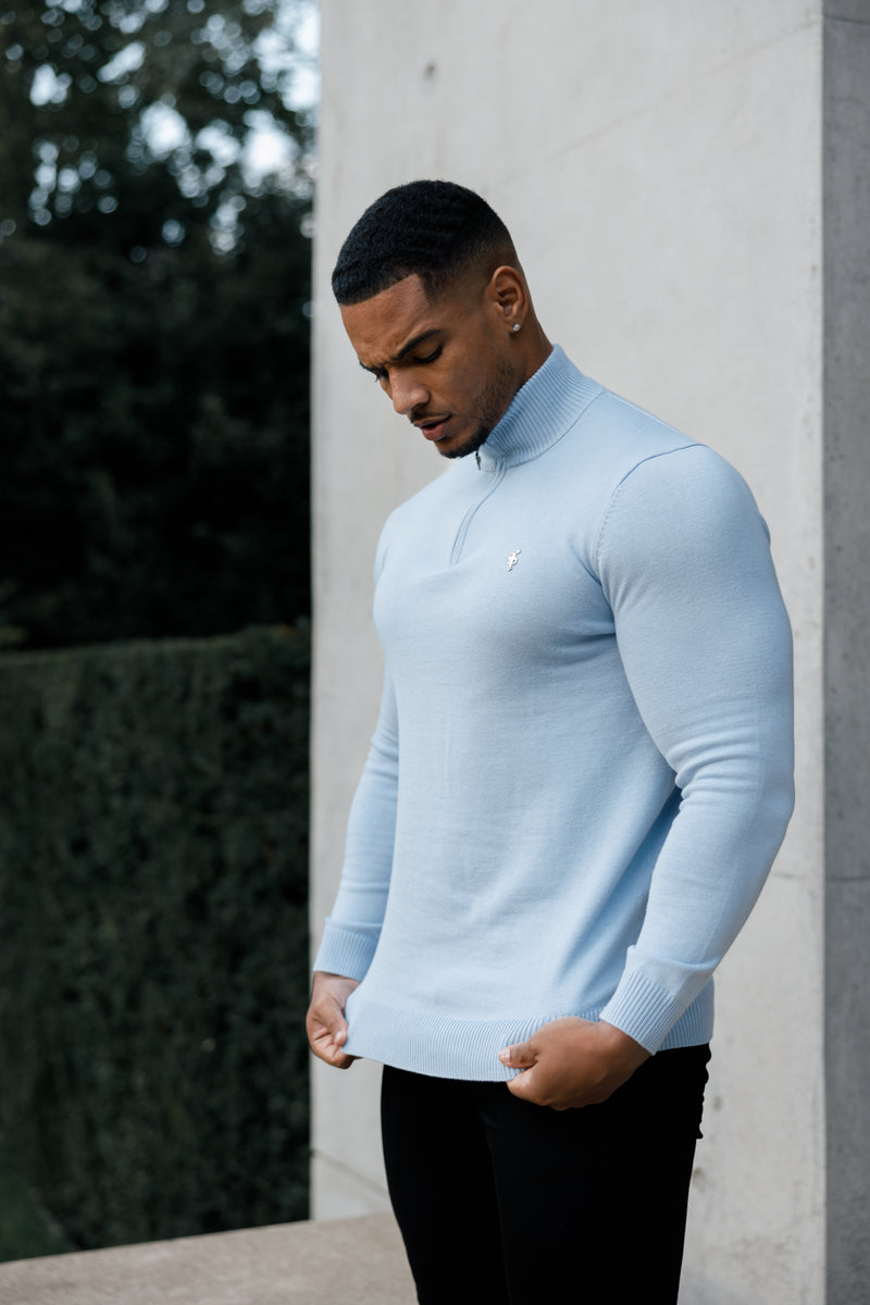 Father Sons Light Blue Funnel Neck 1/2 Zip Knitted Sweater - FSN119
