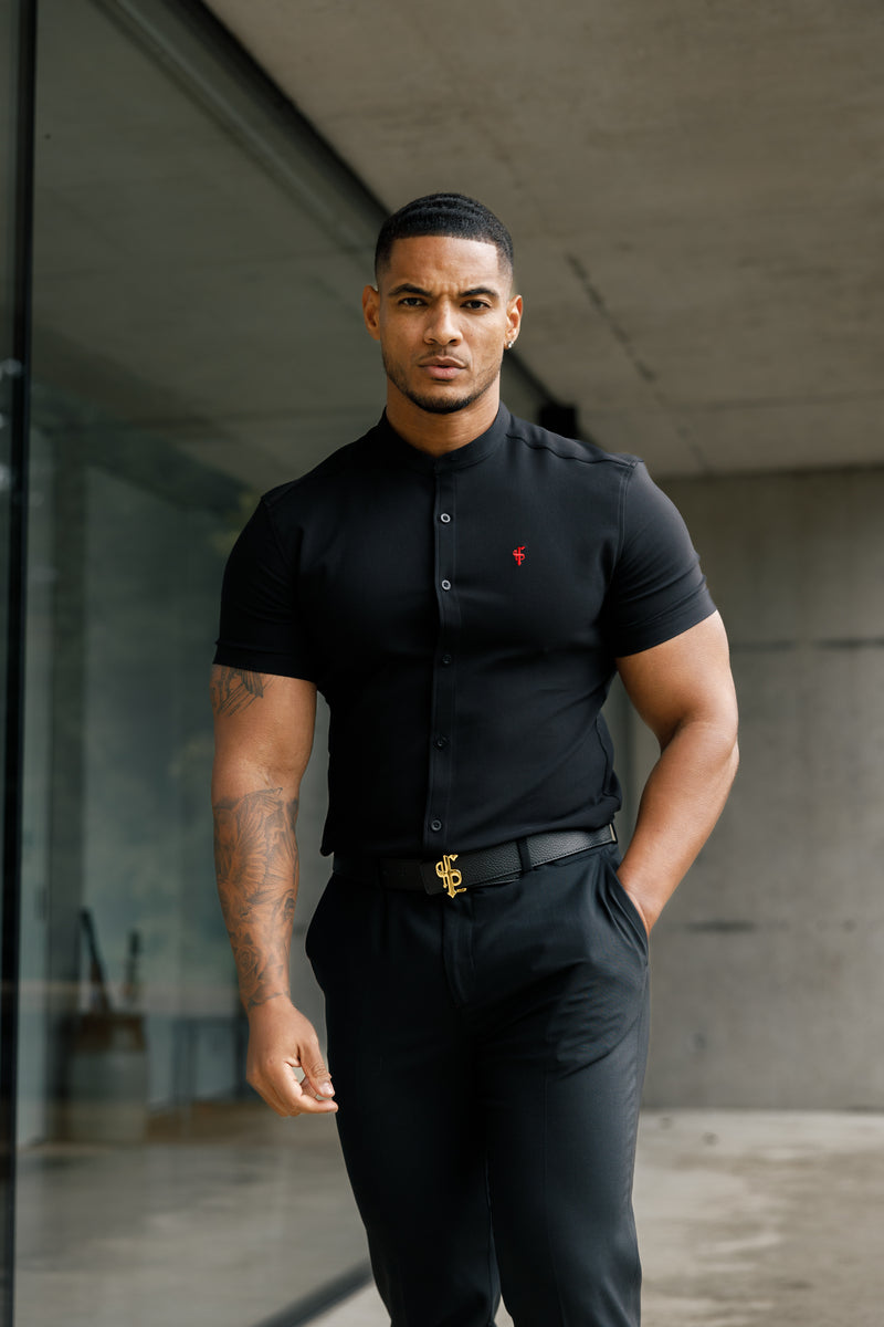 Father Sons Super Slim Scuba Black Short Sleeve Stretch With Grandad Collar - FS930