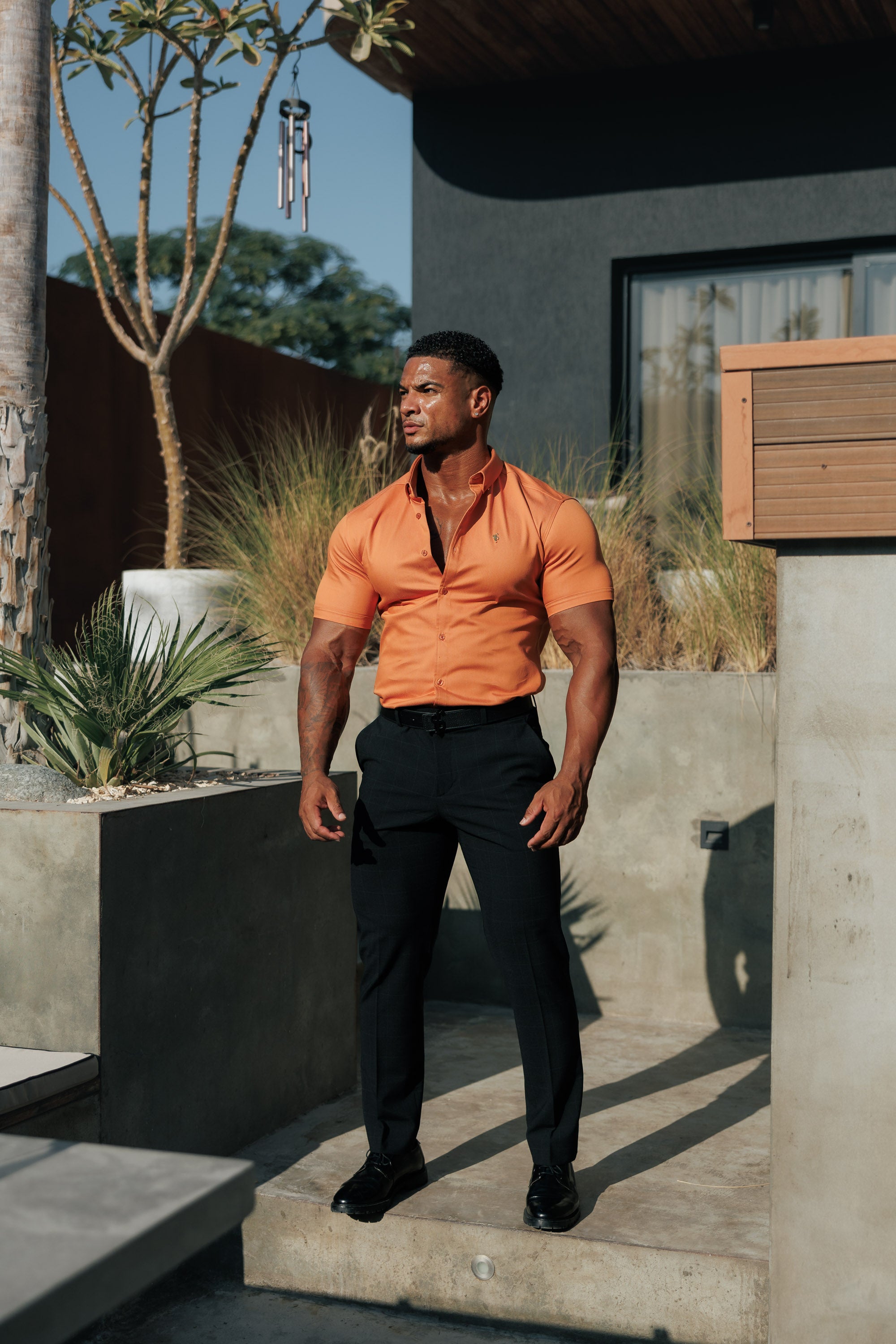 Super Slim Stretch Orange Denim Short Sleeve with Button Down Collar - FS1137