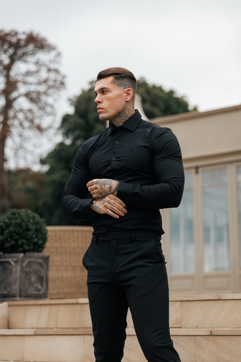 Father Sons Muscle Fit Advanced Stretch Black Cutaway Collar Shirt  - FS1164
