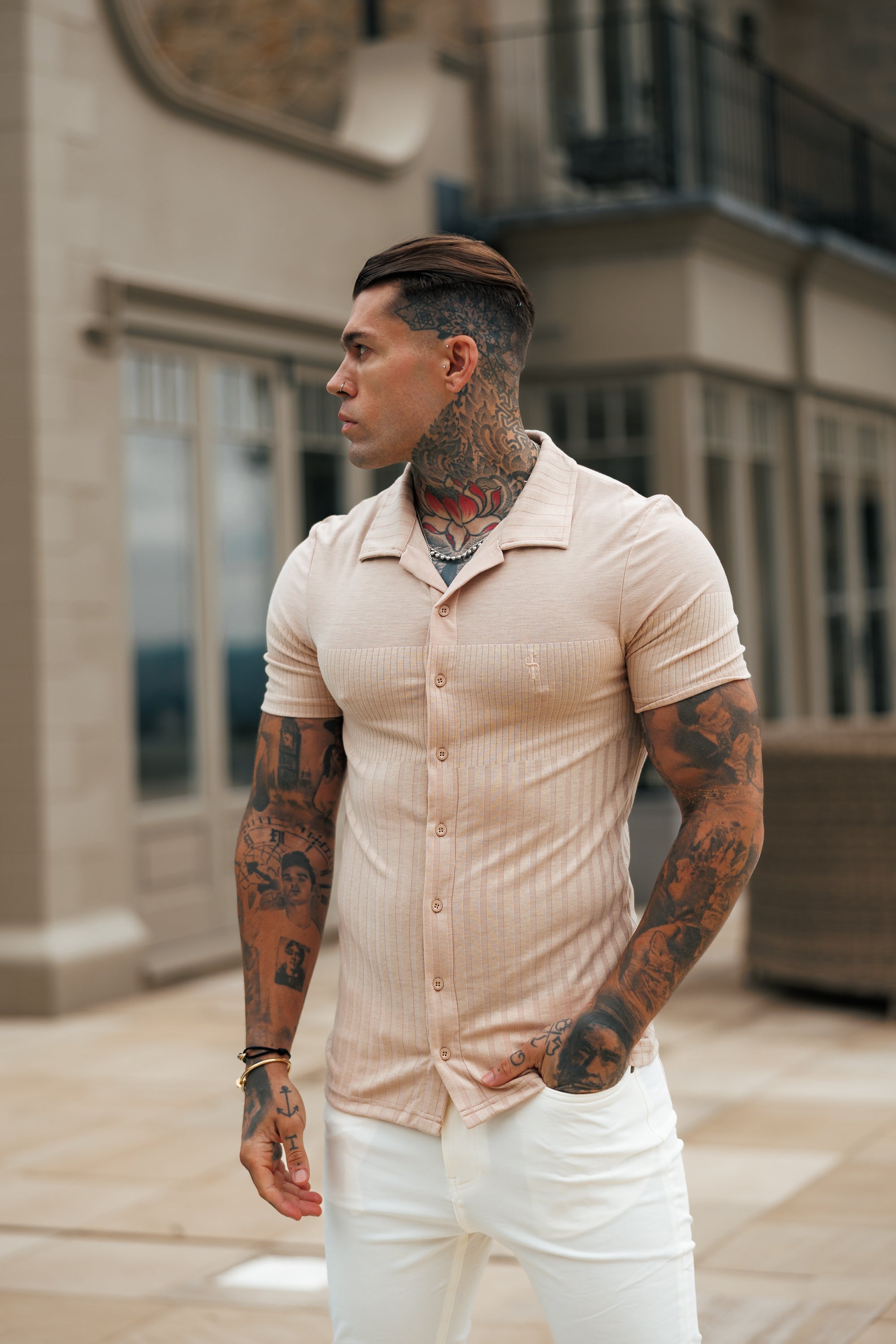 Jersey Revere Vertical Stripe Beige Shirt Short Sleeve - FSR026