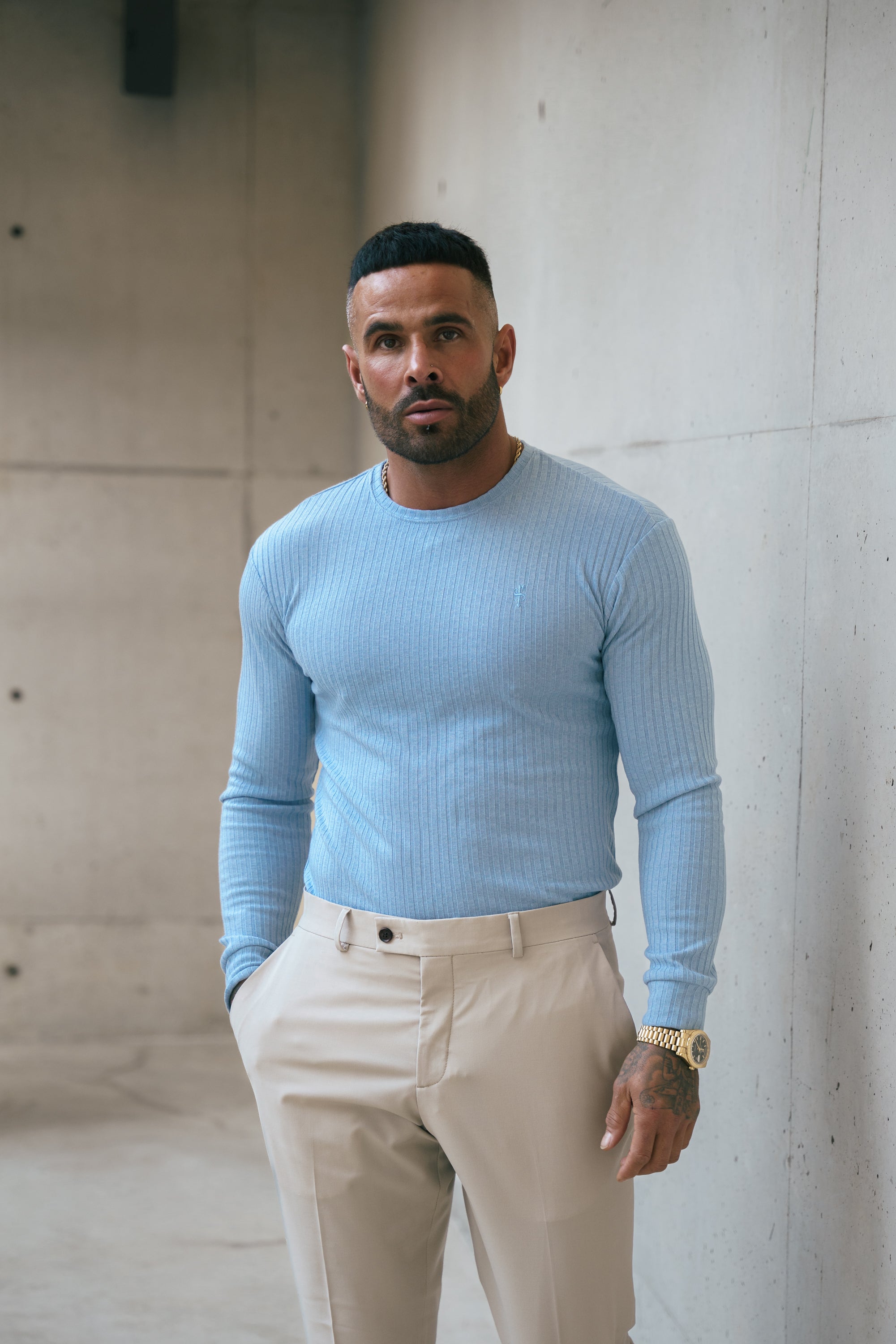 Father Sons Classic Light Blue Ribbed Knit Jumper With Tonal Embroidery -  FSH1286
