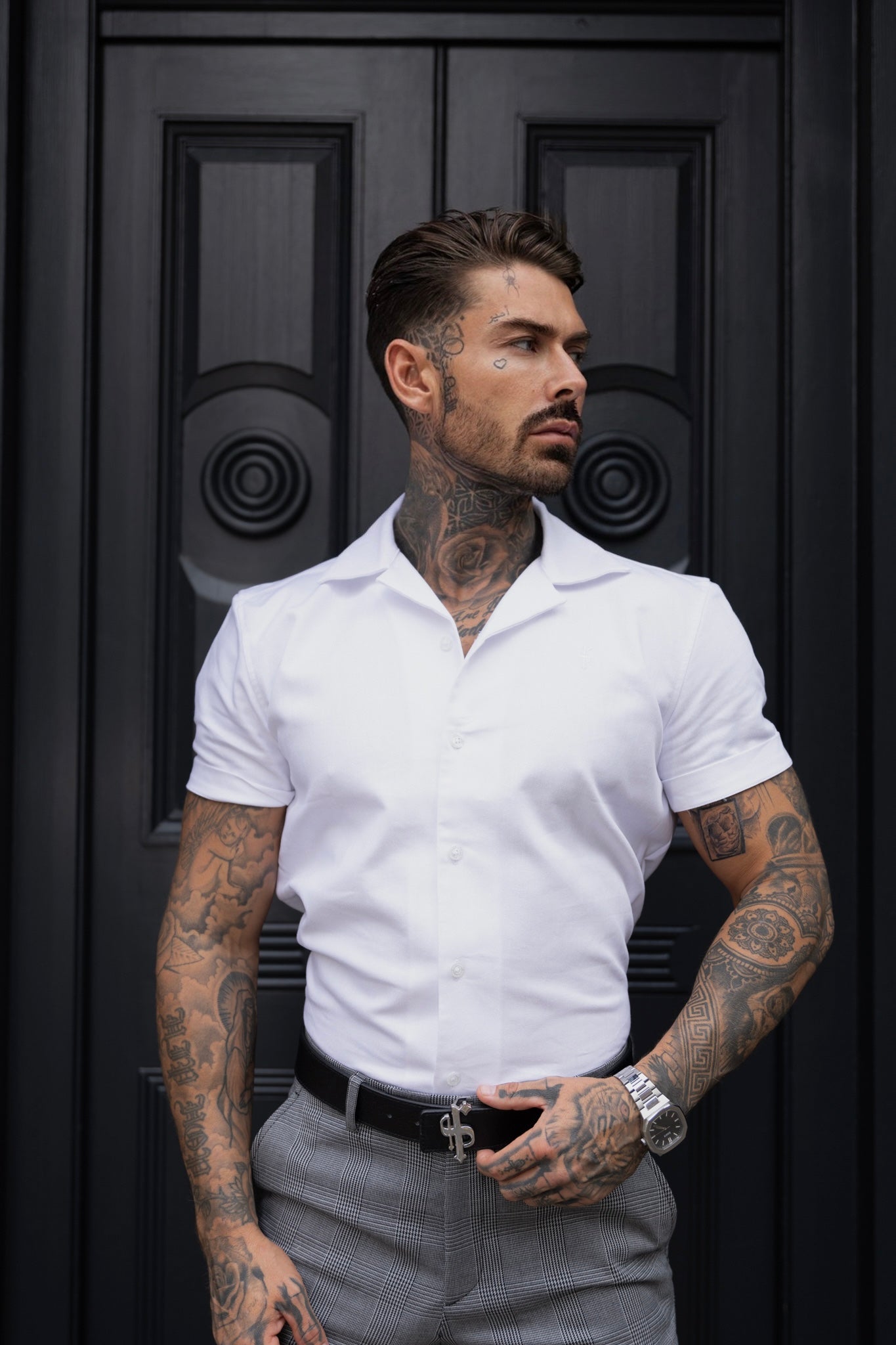 Hawaiian Boxy Stretch White Linen Short Sleeve with Revere Collar Short Sleeve - FS1095