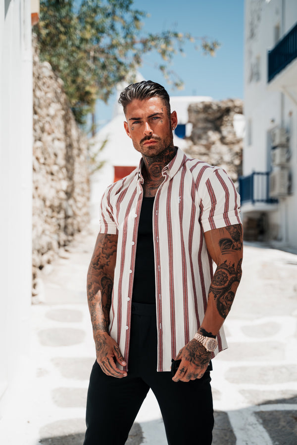 Father Sons Super Slim Stretch Off White / Burgundy Woven Stripe Short Sleeve with Button Down Collar - FS972