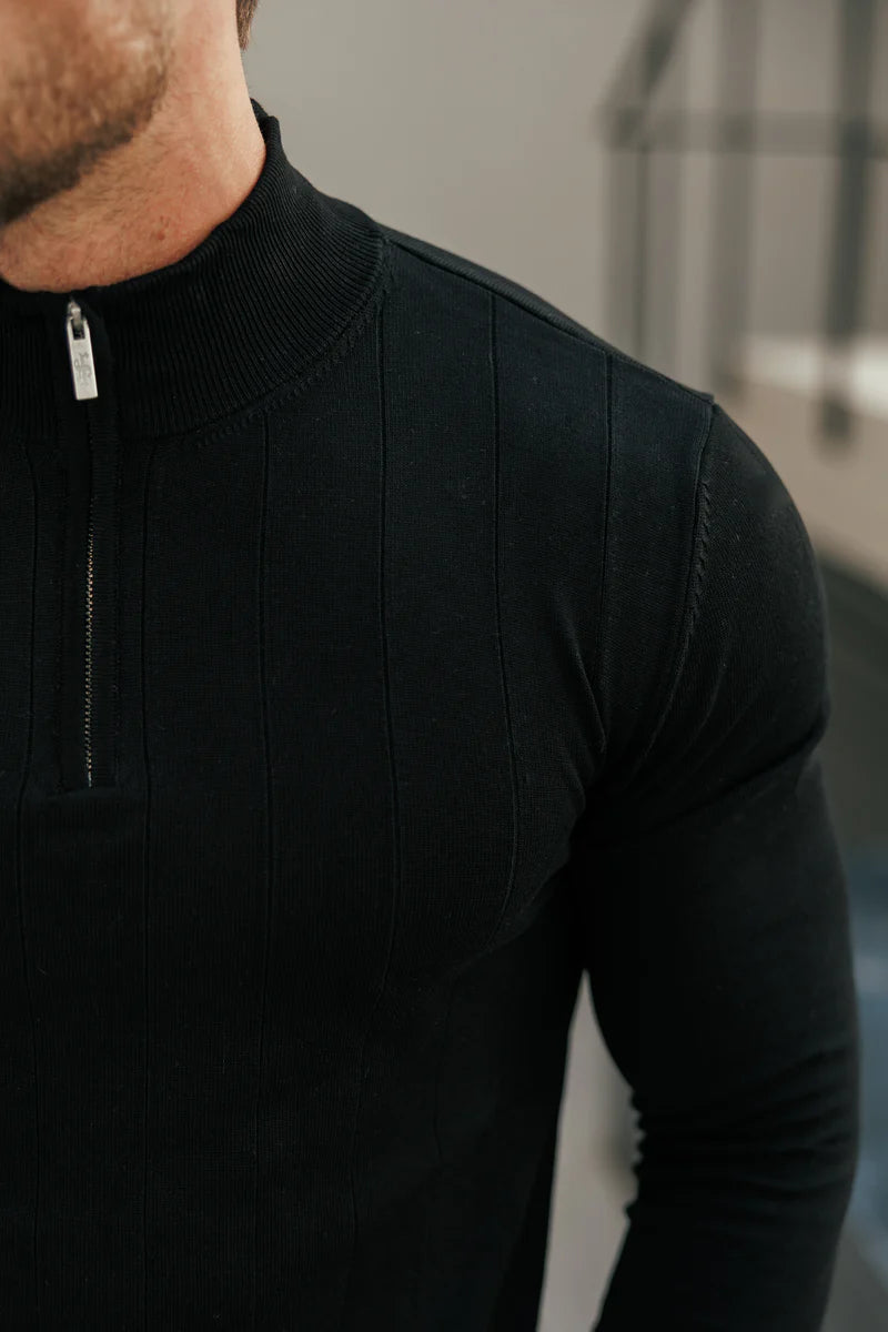 Self Stripe 1/4 Zip Funnel Neck Knit Jumper Black Long Sleeve  -  FSR050