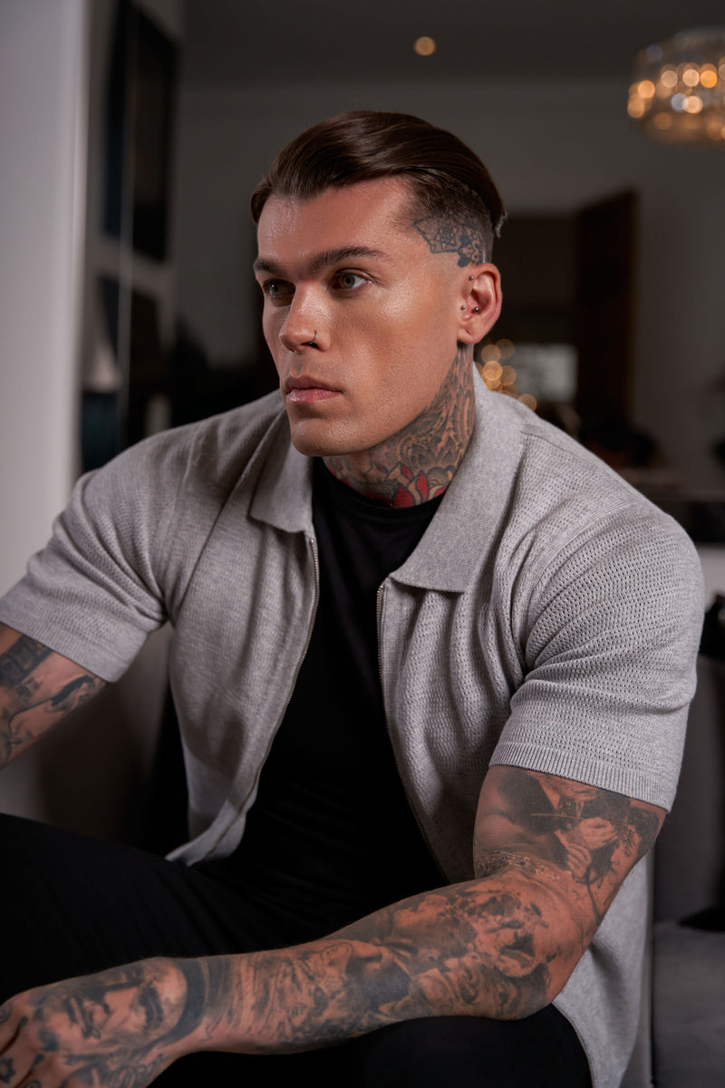 Father Sons Classic Knitted Textured Design With Full Length Zip Light Grey Short Sleeve - FSN154