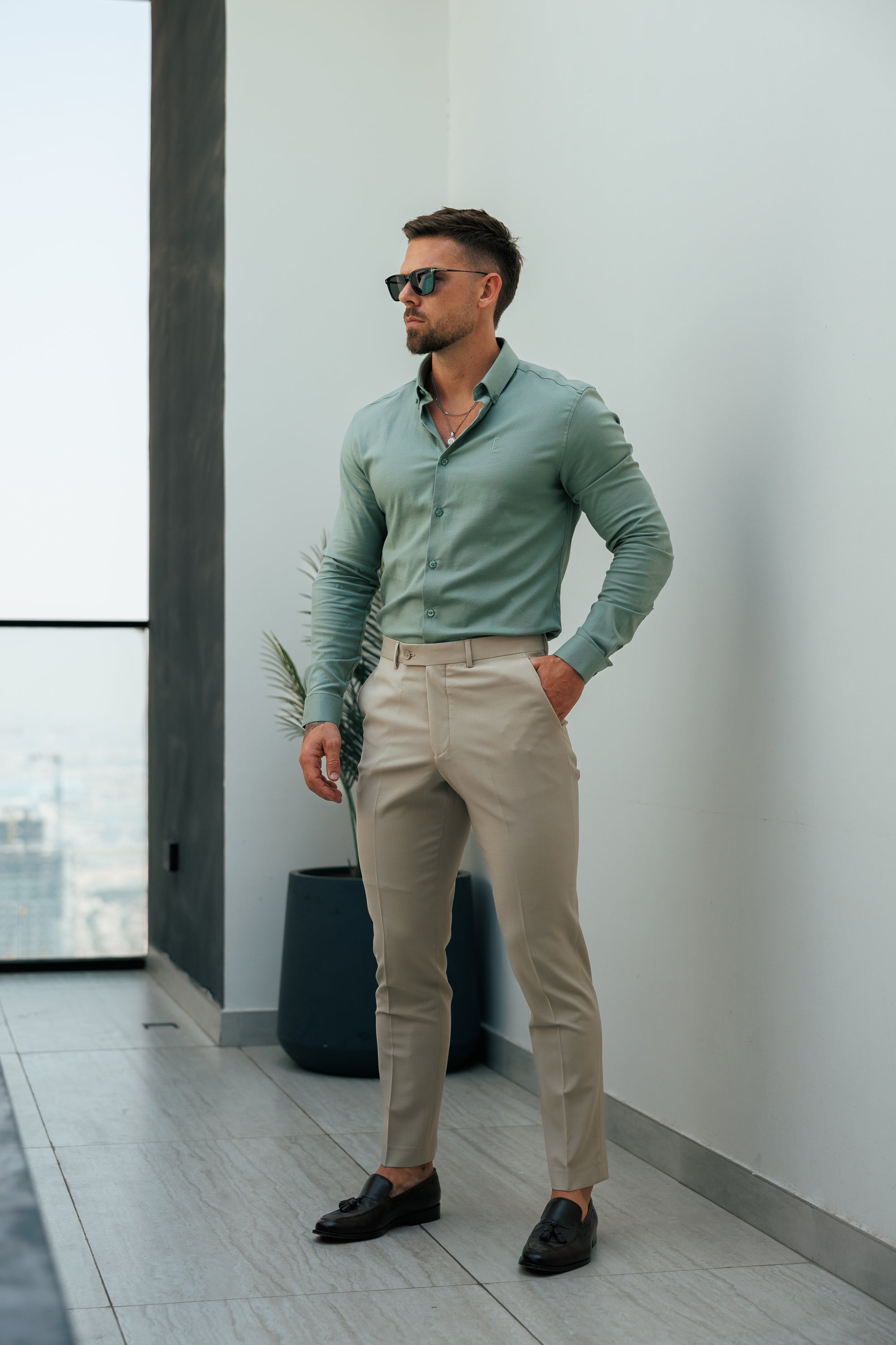 Classic Stretch Oxford Long Sleeve Smoke Green with Button Down Collar - FS1217