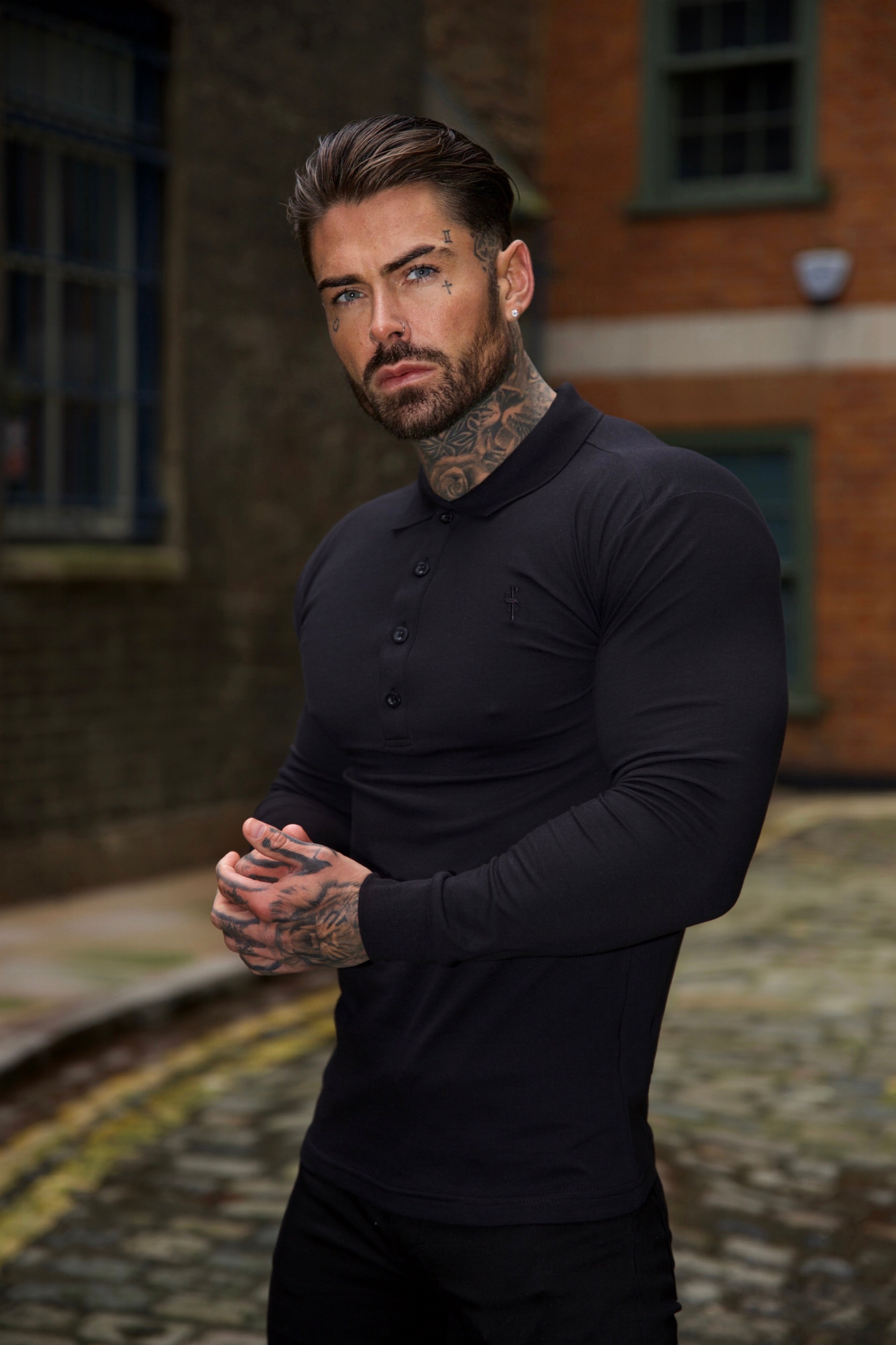 Classic Black Tonal  Polo Long Sleeve Shirt - FSH857