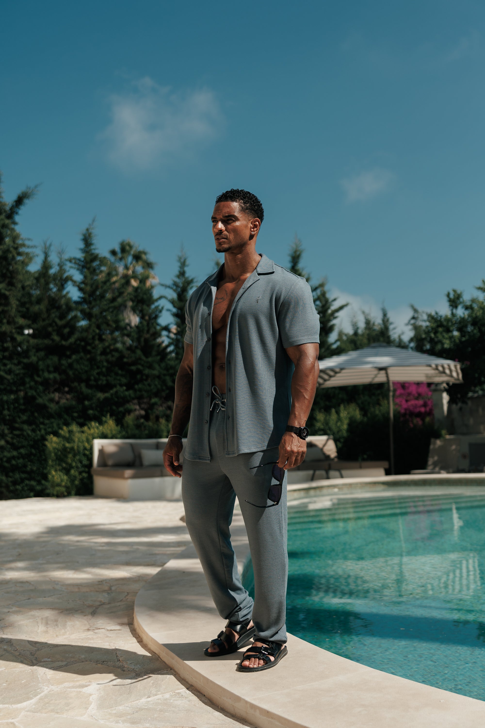 Jersey Cord Stretch Gunmetal Revere Shirt Short Sleeve - FSR076 (PRE ORDER 27TH JULY)