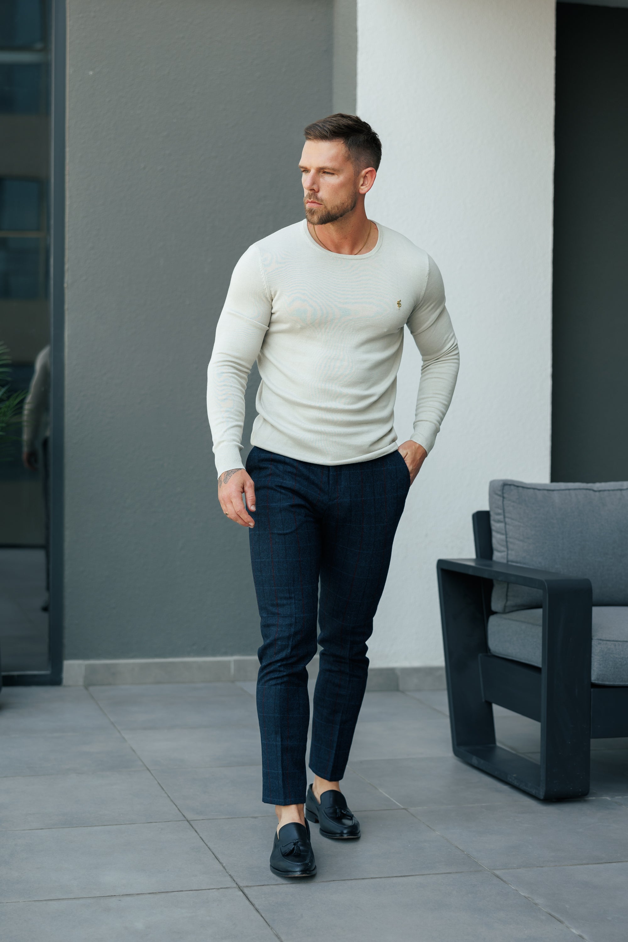 Father Sons Relaxed Formal Navy / Burgundy Check Pants - FSTR016 