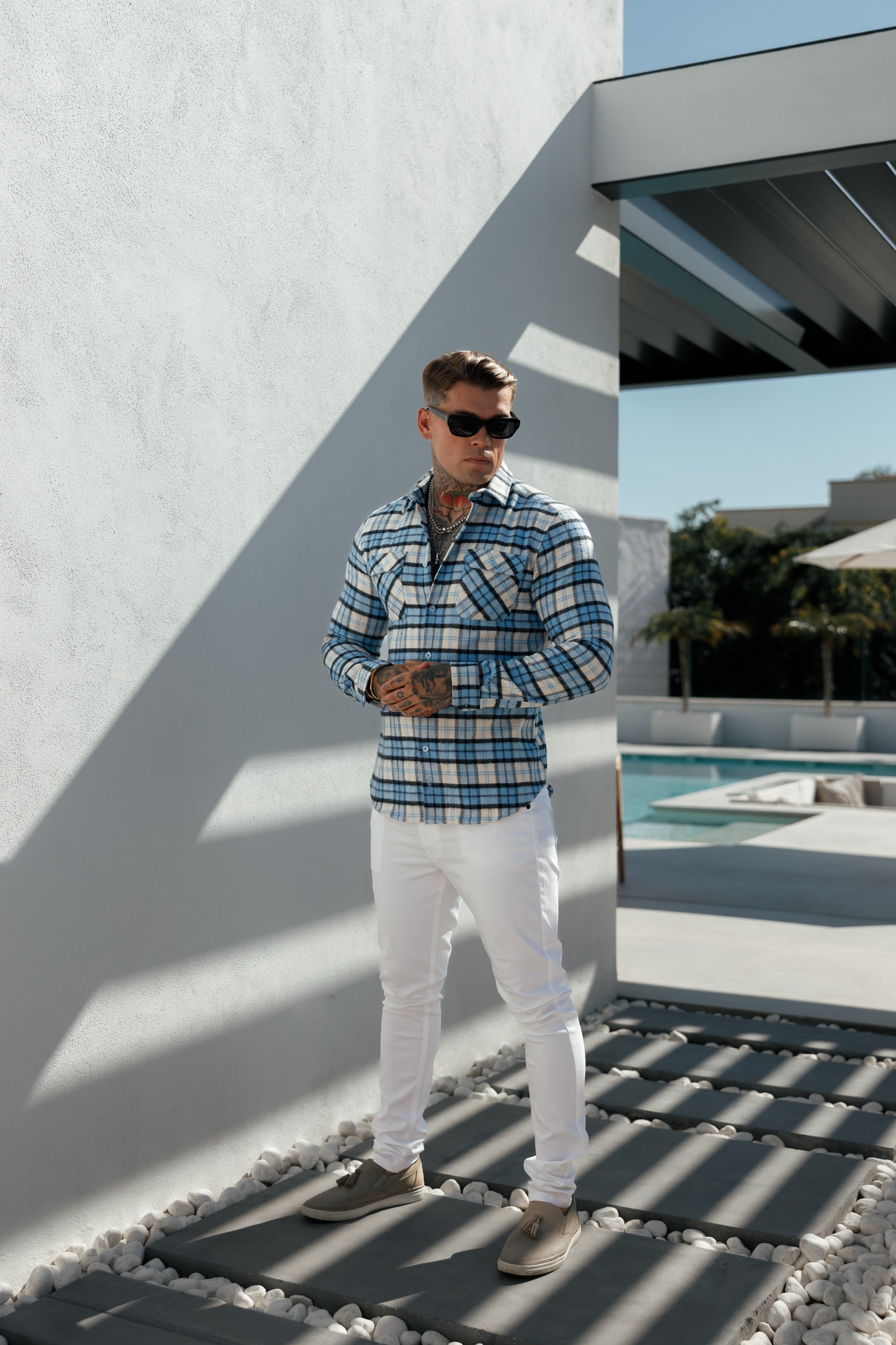Light Blue Check Shacket With Double Pockets - FS1072