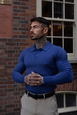 Father Sons Classic Ocean Blue Knitted Polo Sweater Long Sleeve With Tonal FS Embroidery- FSN140
