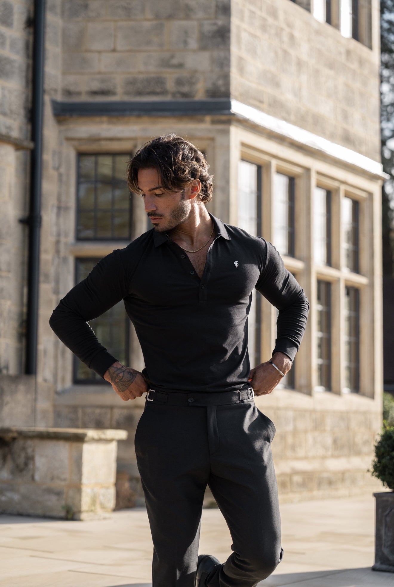 Black / Silver Polo Shirt Long Sleeve - FSH1396