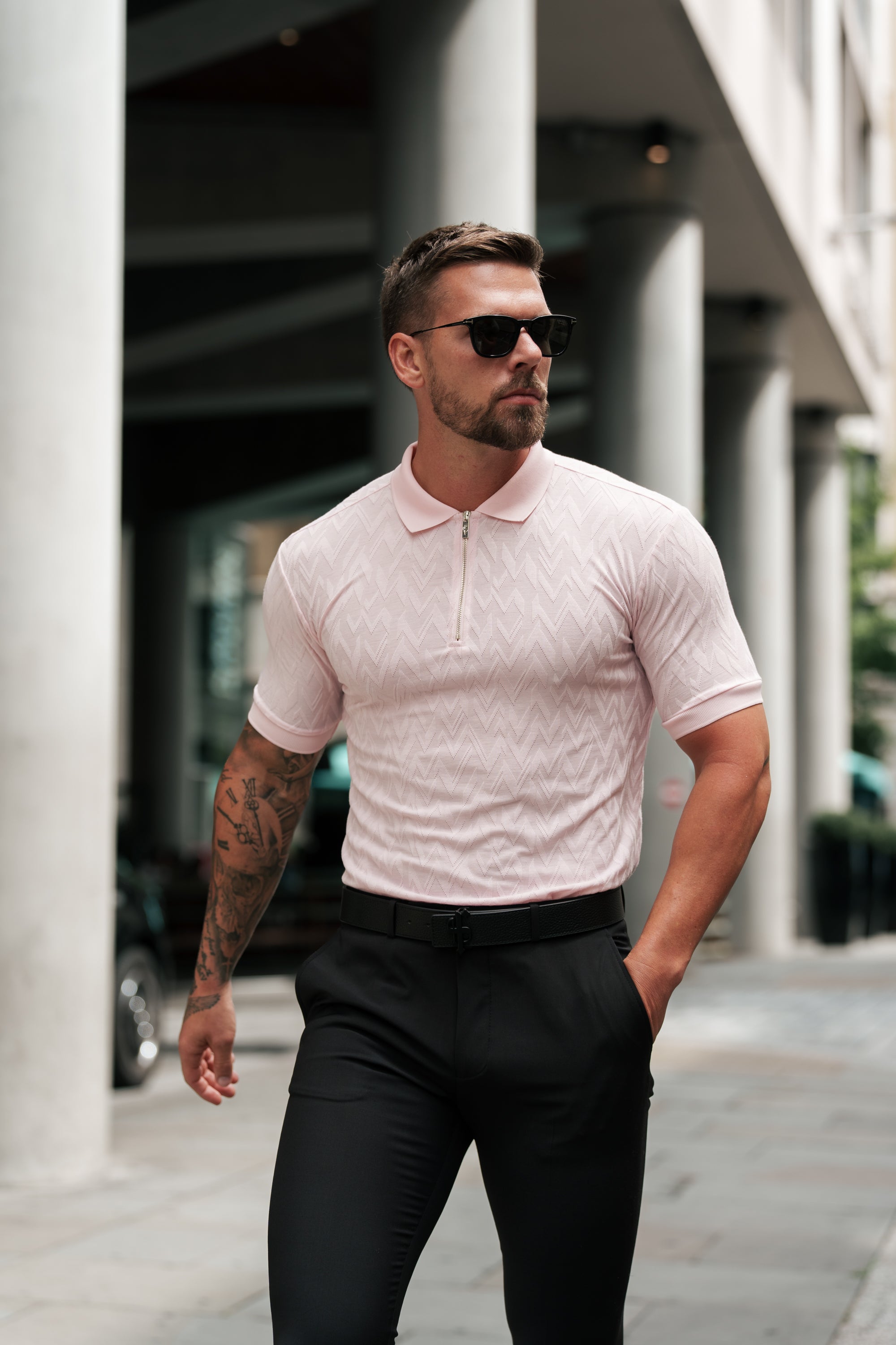 Classic Jacquard Pink Chevron Zipped Polo - FSR022