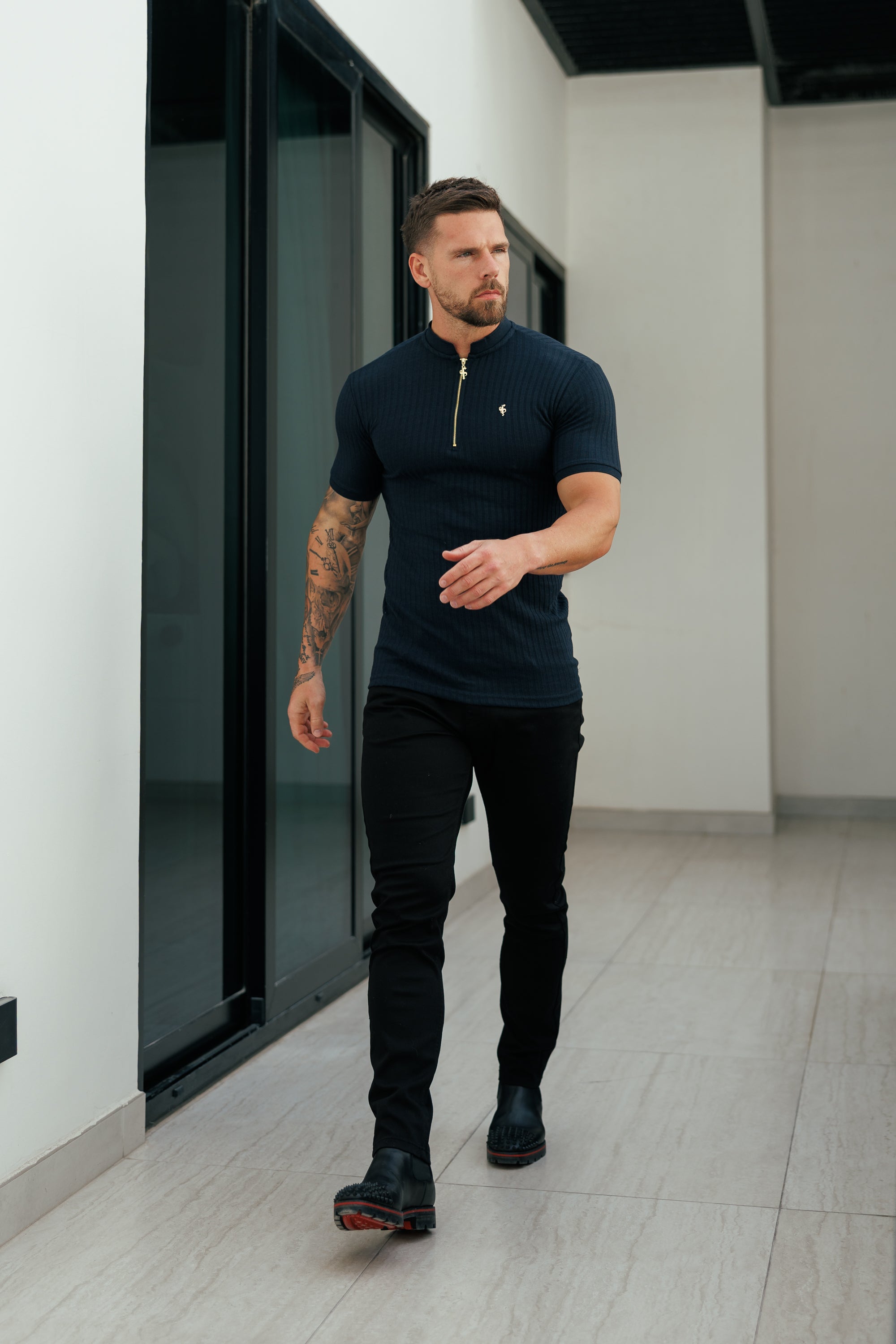 Classic Navy Ribbed Zip Grandad Collar Shirt Short Sleeve - FSH773