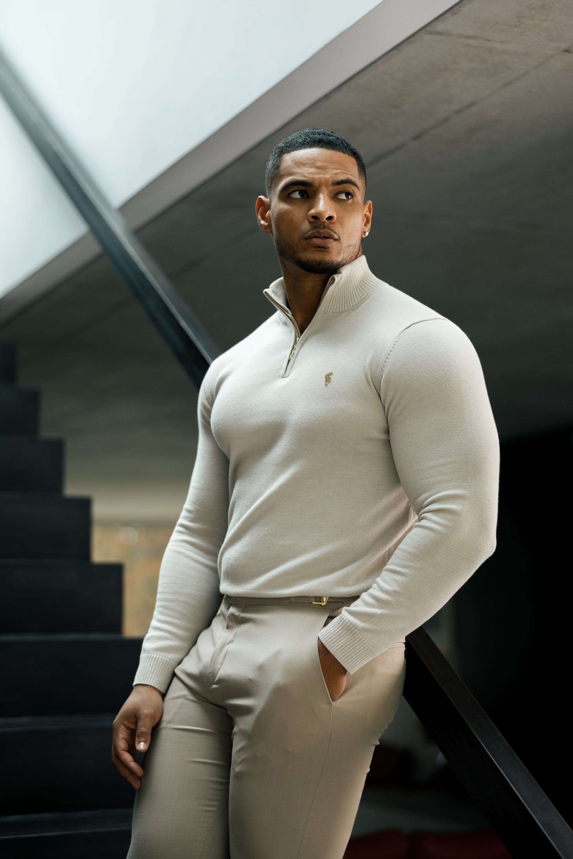 Father Sons Beige Funnel Neck 1/2 Zip Knitted Sweater - FSN118