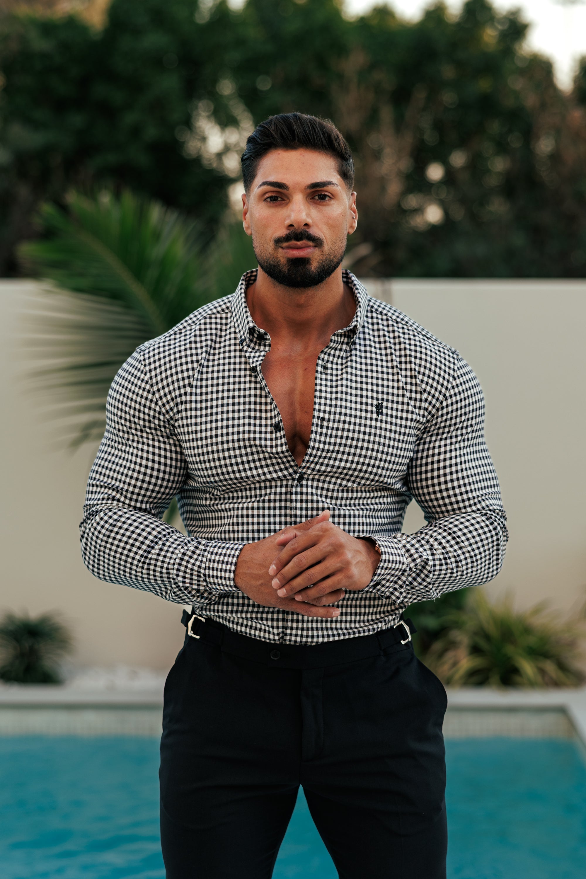 Super Slim Stretch White / Black Check Long Sleeve with Button Down Collar - FS1069