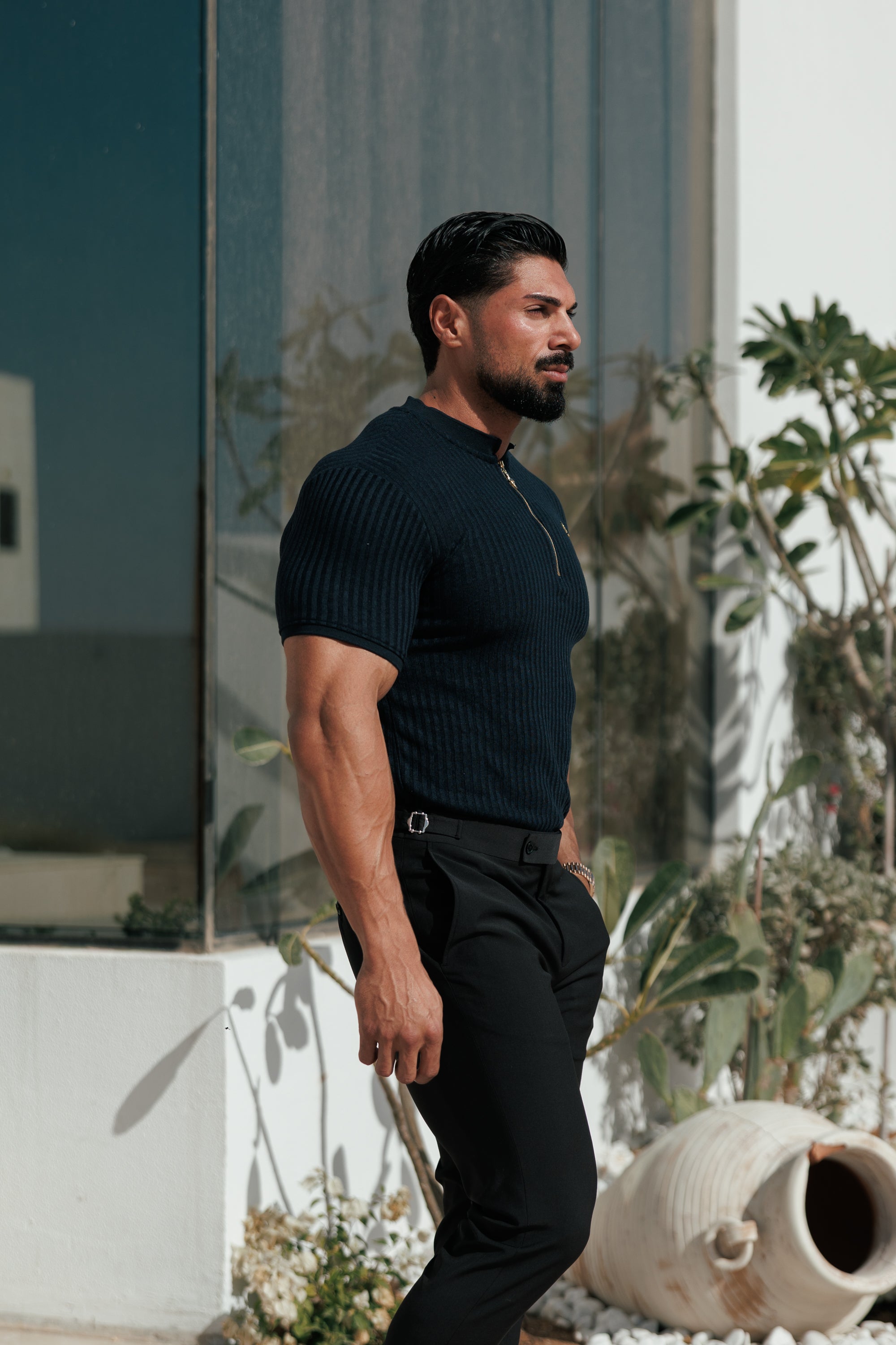 Classic Navy Ribbed Zip Grandad Collar Shirt Short Sleeve - FSH773