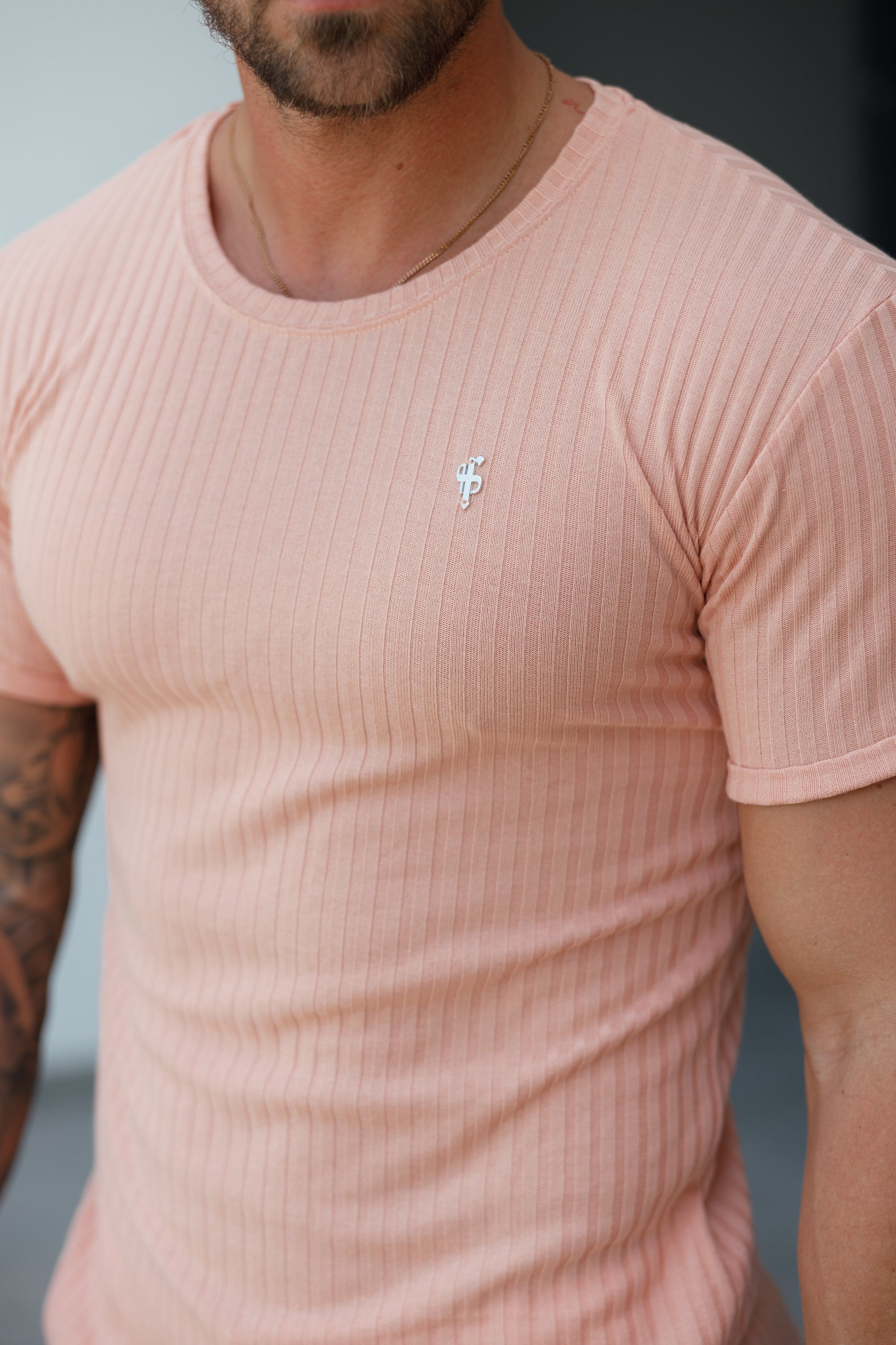 Classic Peach / Silver Ribbed Knit Super Slim Short Sleeve Crew - FSH1093
