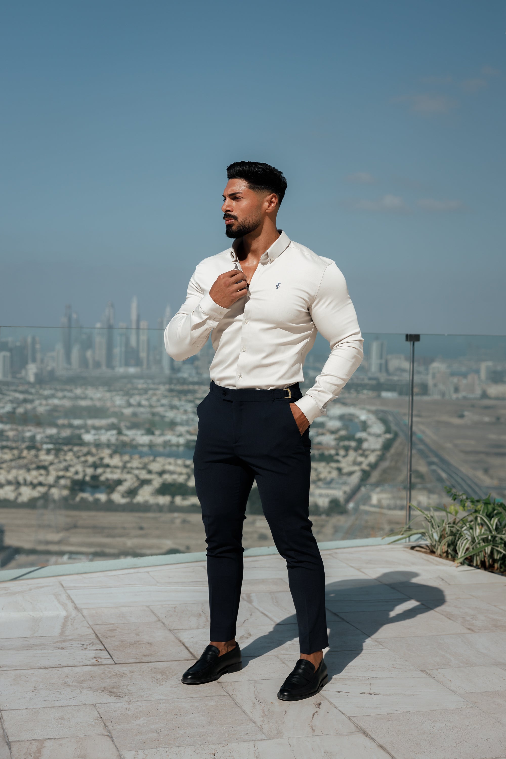 Super Slim Stretch Oatmeal Denim Long Sleeve With Button Down Collar - FS1024