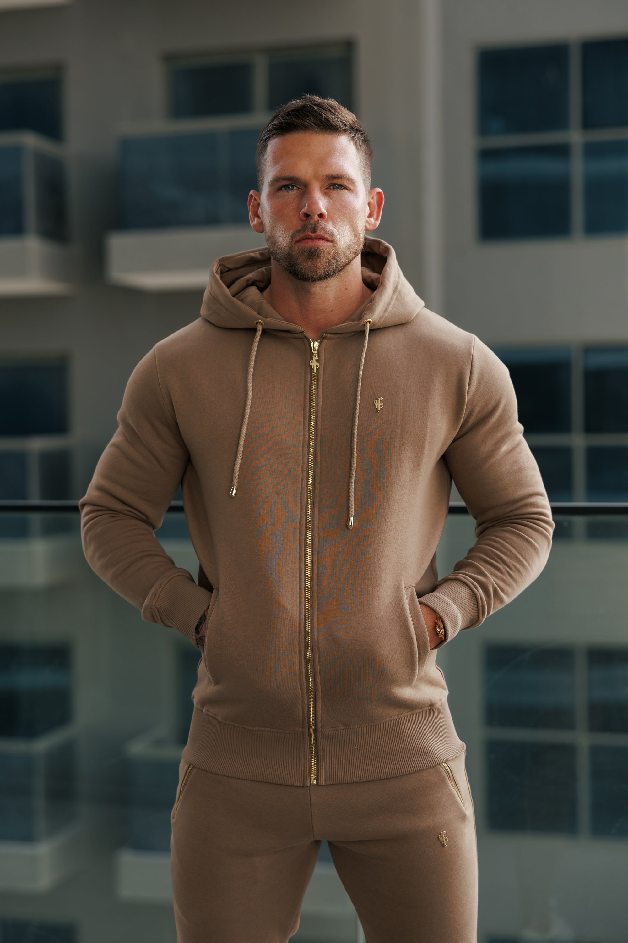 Taupe / Gold Full Zip Hoodie with Pockets - FSH1248