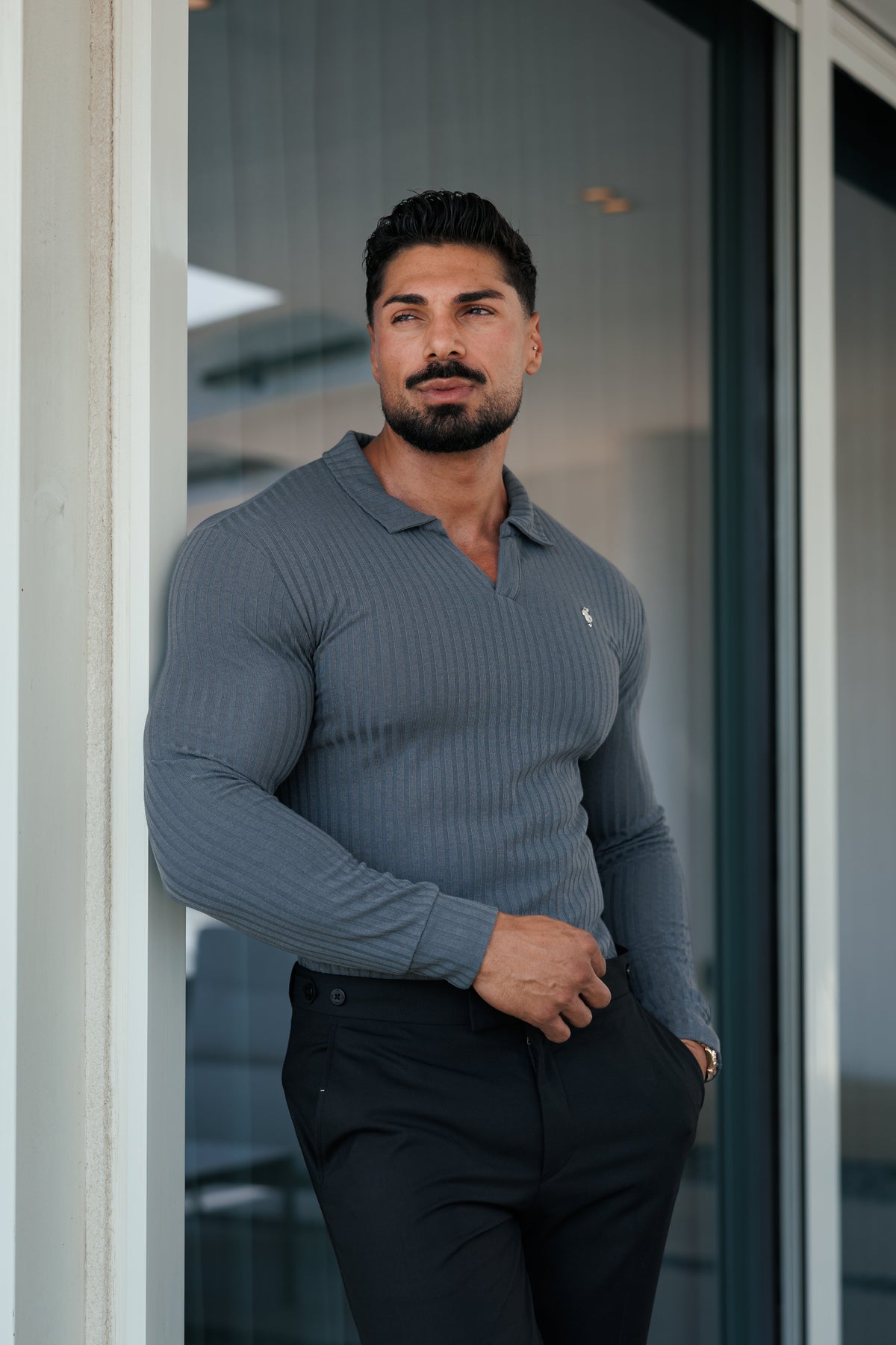 Charcoal / Silver Ribbed Revere Polo Shirt Long Sleeve - FSH1462