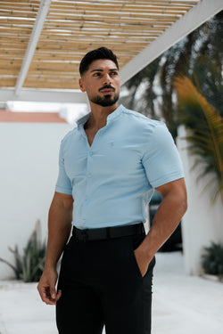 Father Sons Super Slim Scuba Light Blue Short Sleeve Stretch With Grandad Collar - FS1003