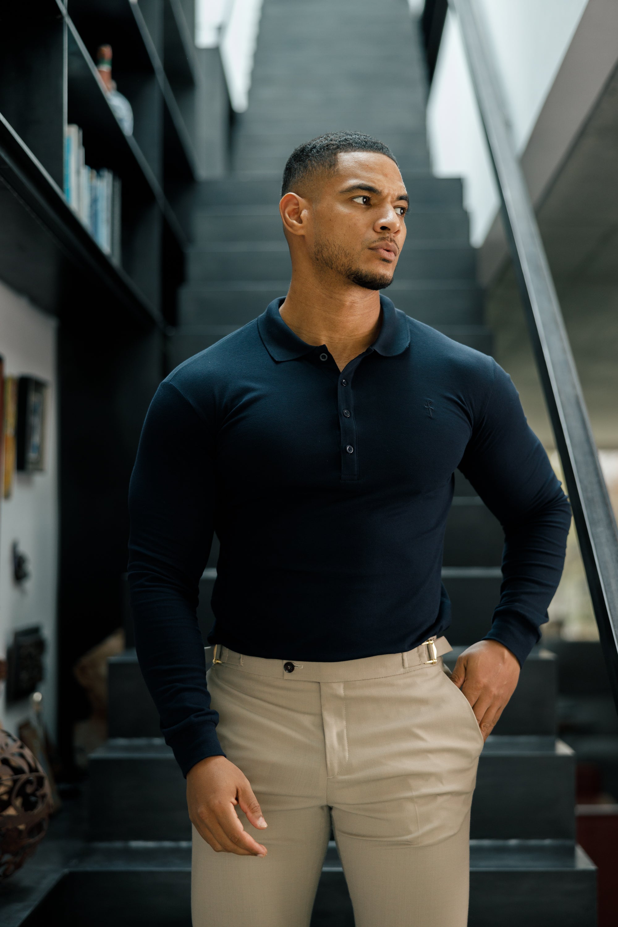 Classic Navy Tonal Polo Long Sleeve Shirt - FSH861