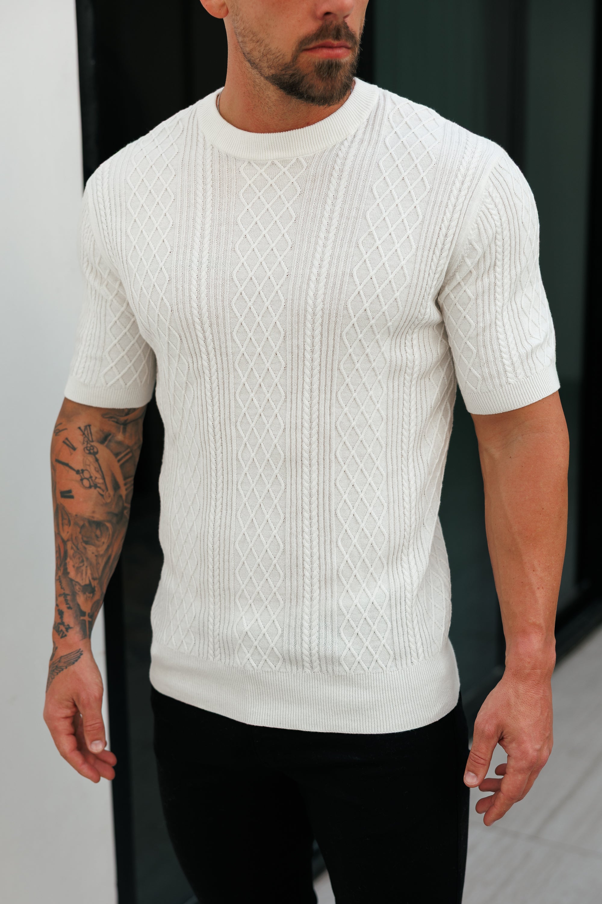 Fine Knit Diamond Off White Jumper Short Sleeve  -  FSA009