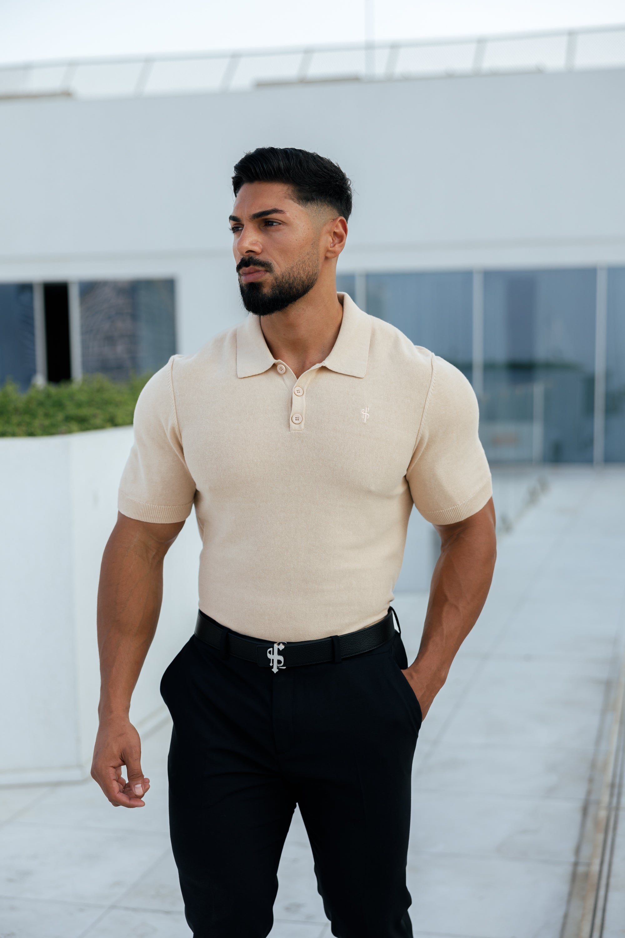 Classic Plain Beige Knitted Polo Short Sleeve - FSN111