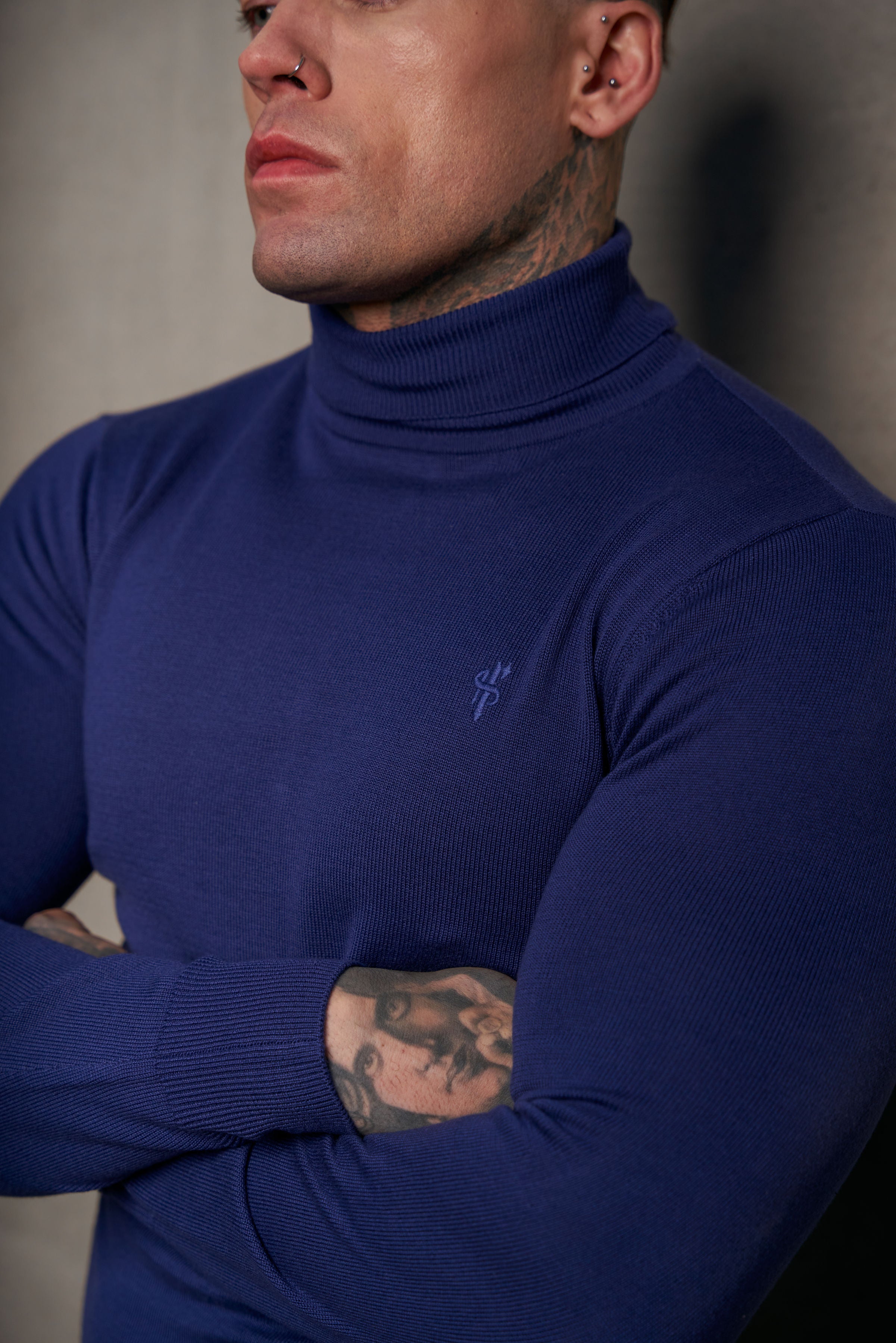 Classic Ocean Blue Roll Neck Knitted Jumper With Tonal Emblem - FSN136