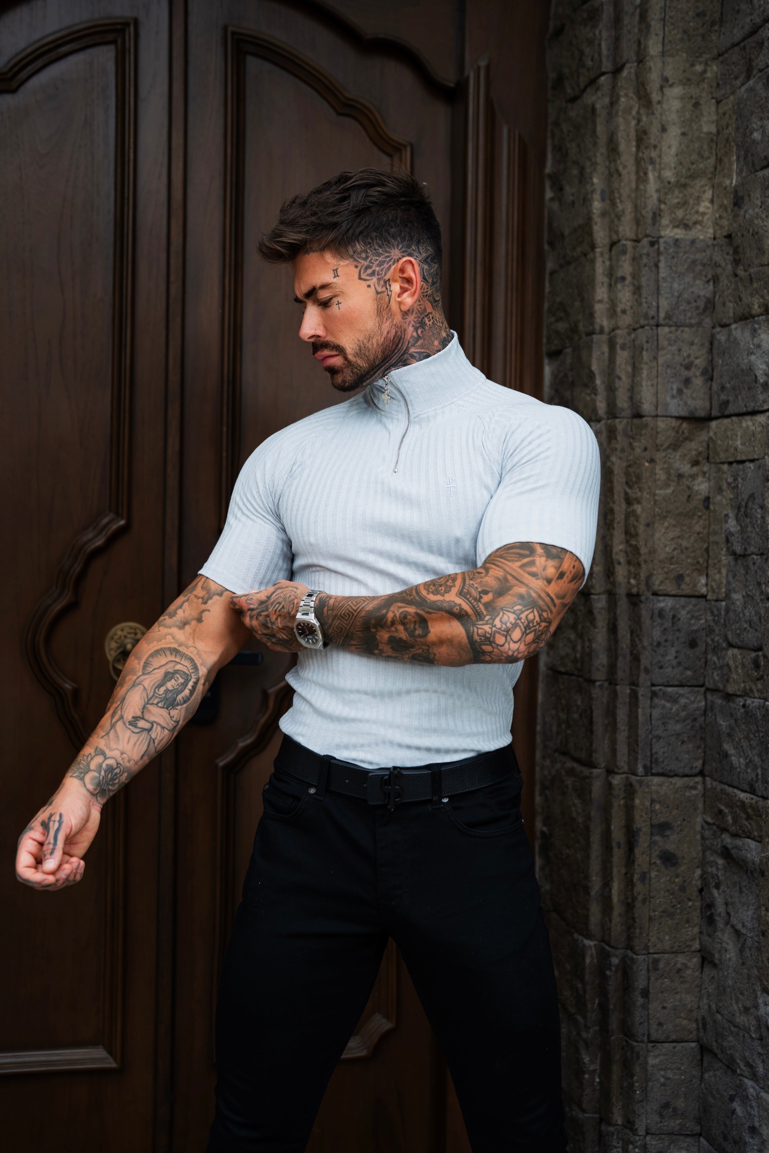 Classic Light Grey Ribbed Zip Funnel Neck Raglan Short Sleeve Crew - FSH1287