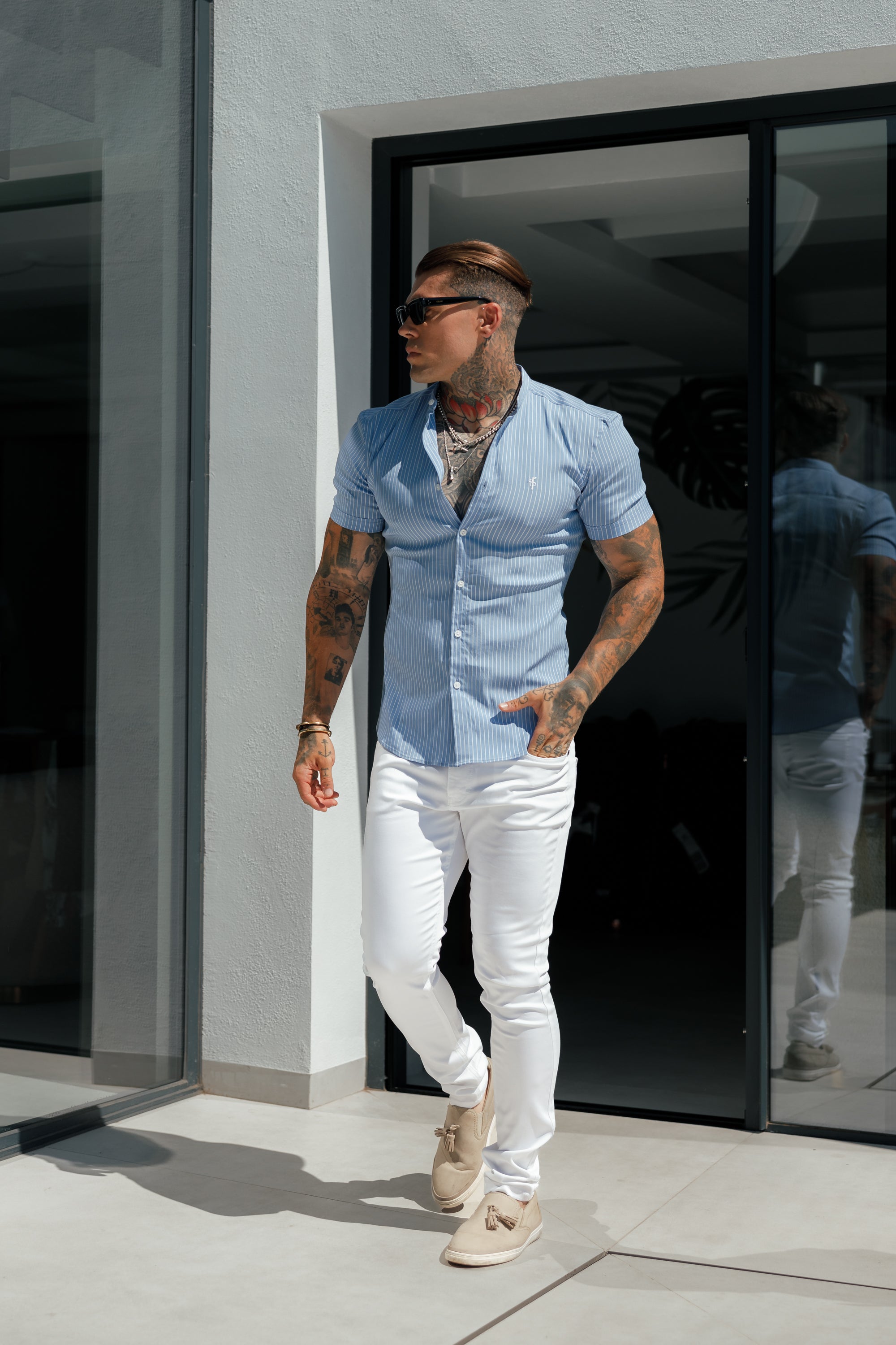 Super Slim Stretch Light Blue Printed Pinstripe Short Sleeve with Grandad Collar - FS1060