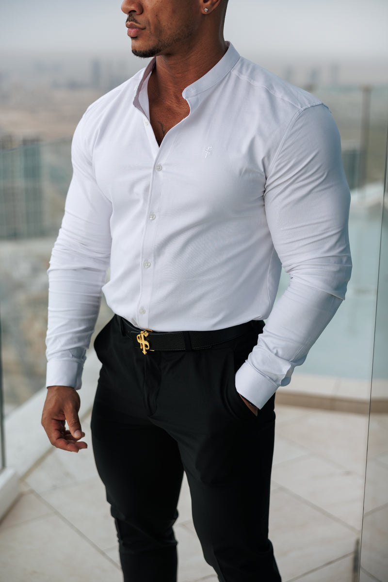 Father Sons Super Slim Stretch Classic Oxford White Grandad Collar - FS732